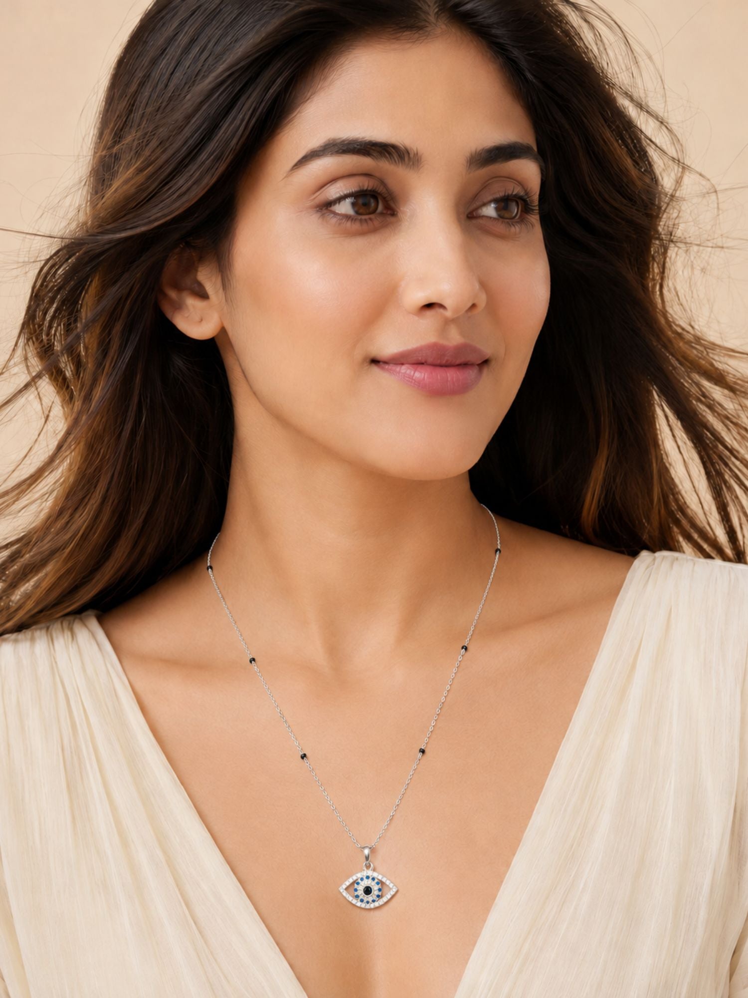 Silver Plated Evil Eye Mangalsutra for Women with Black Beads