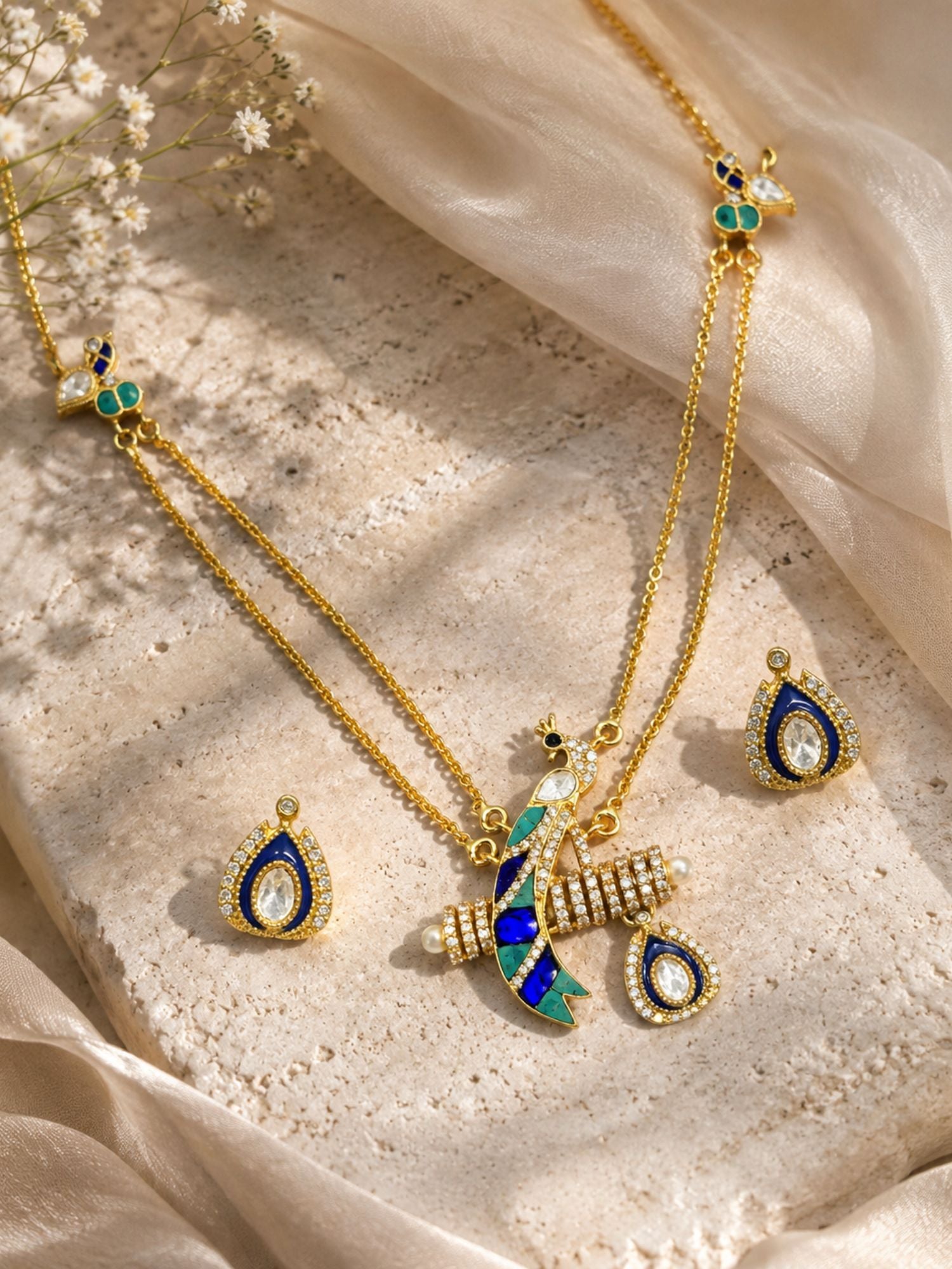 Peacock Kundan Meenakari Pendant Necklace Set for Women