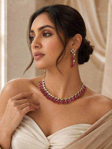 Victorian Gold Plated Pink Leaf Necklace Set with Earrings | Abdesigns