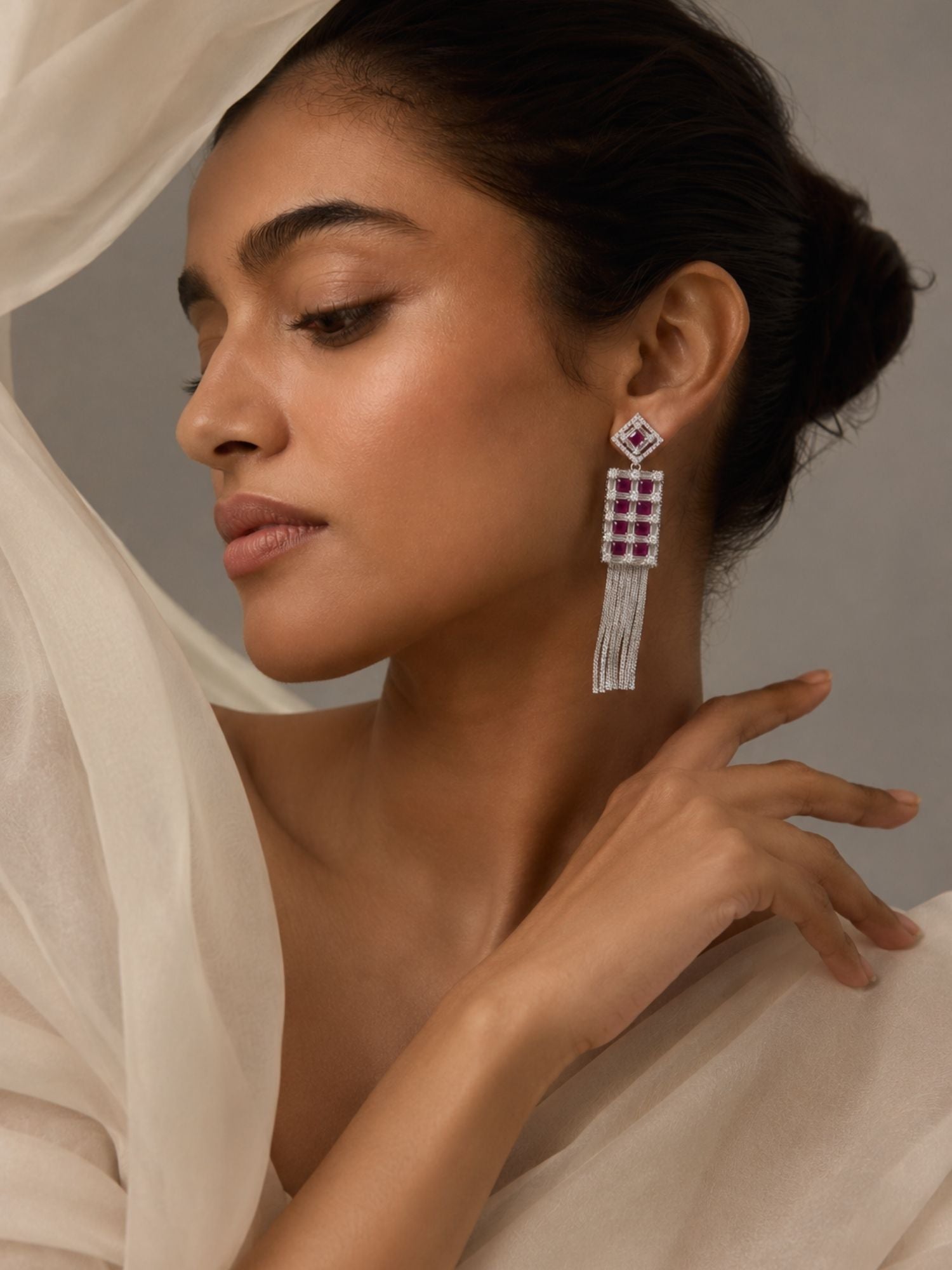Ruby CZ Tassel Earrings in Silver Finish – Party Wear - earrings by Abdesigns Jewellery
