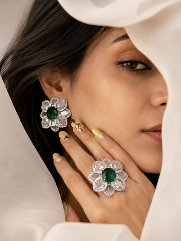Emerald Green Floral Ring & Earrings Set | Abdesigns Jewellery