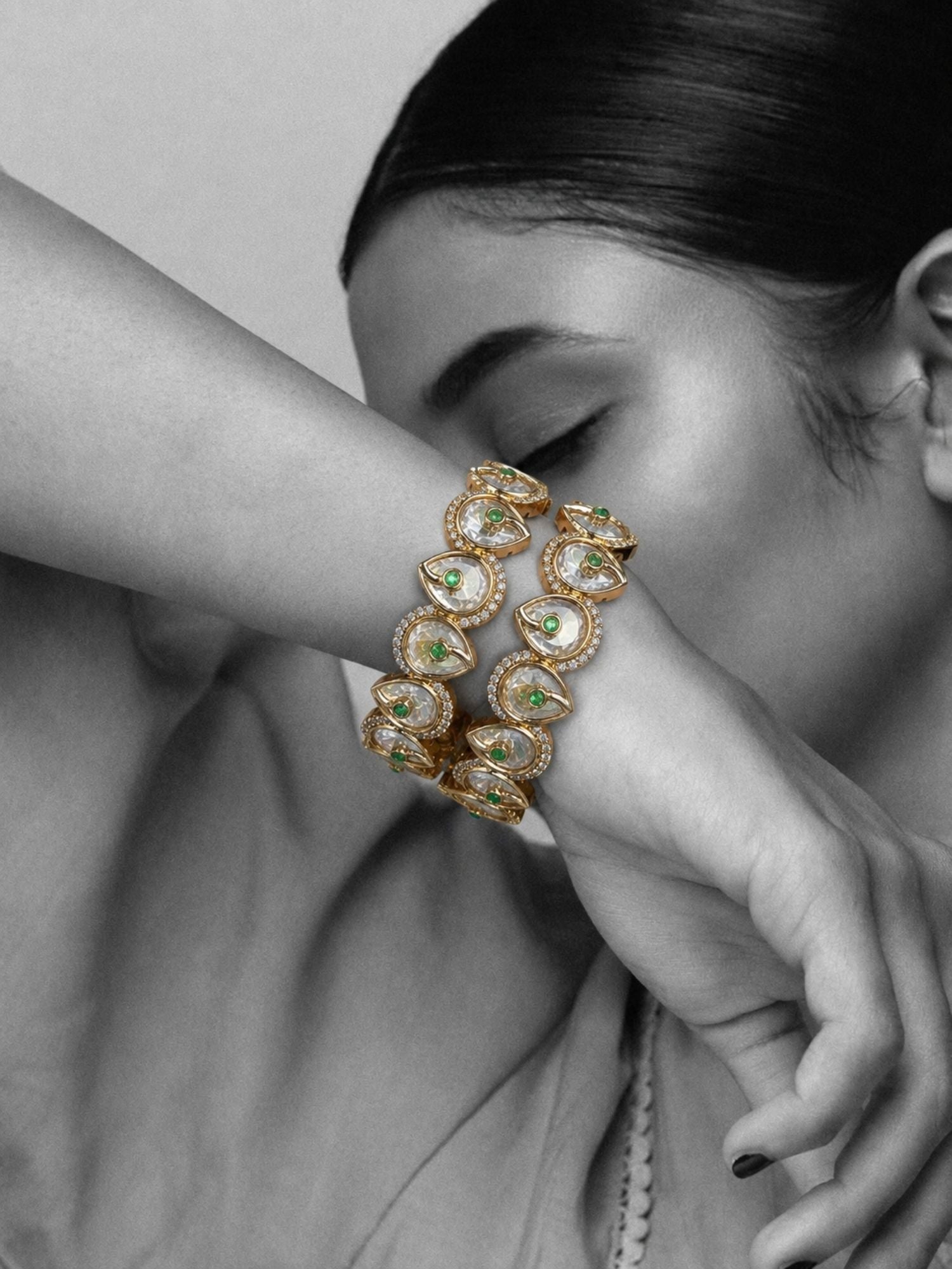 Gold Plated Green Stone Kundan Paisley Bangles for Women