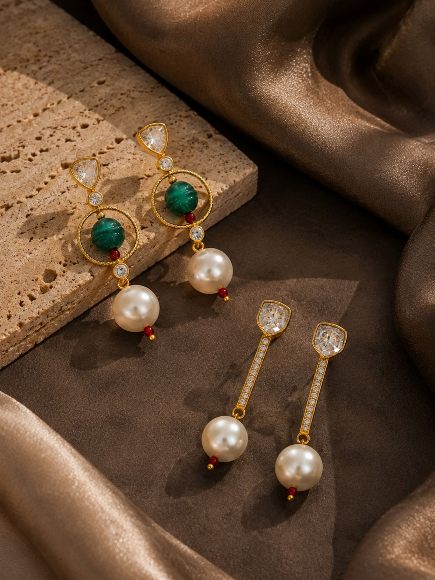 Combo Of  Kundan Green Bead & Pearl Drop Earrings