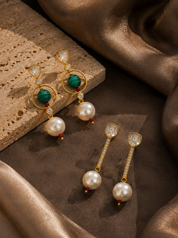 Combo Of  Kundan Green Bead & Pearl Drop Earrings