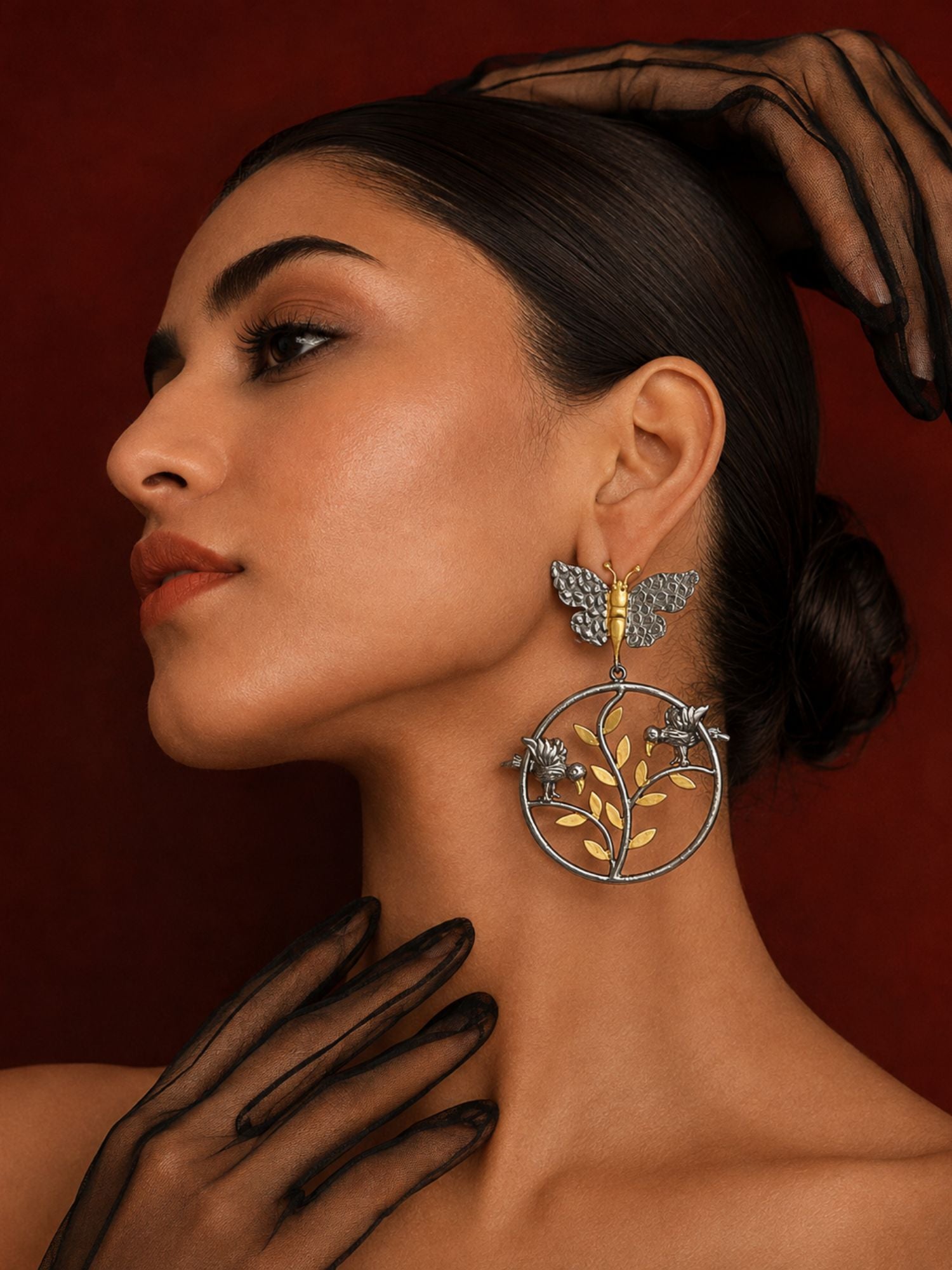 Dual Tone Butterfly Bird Statement Earrings for Women
