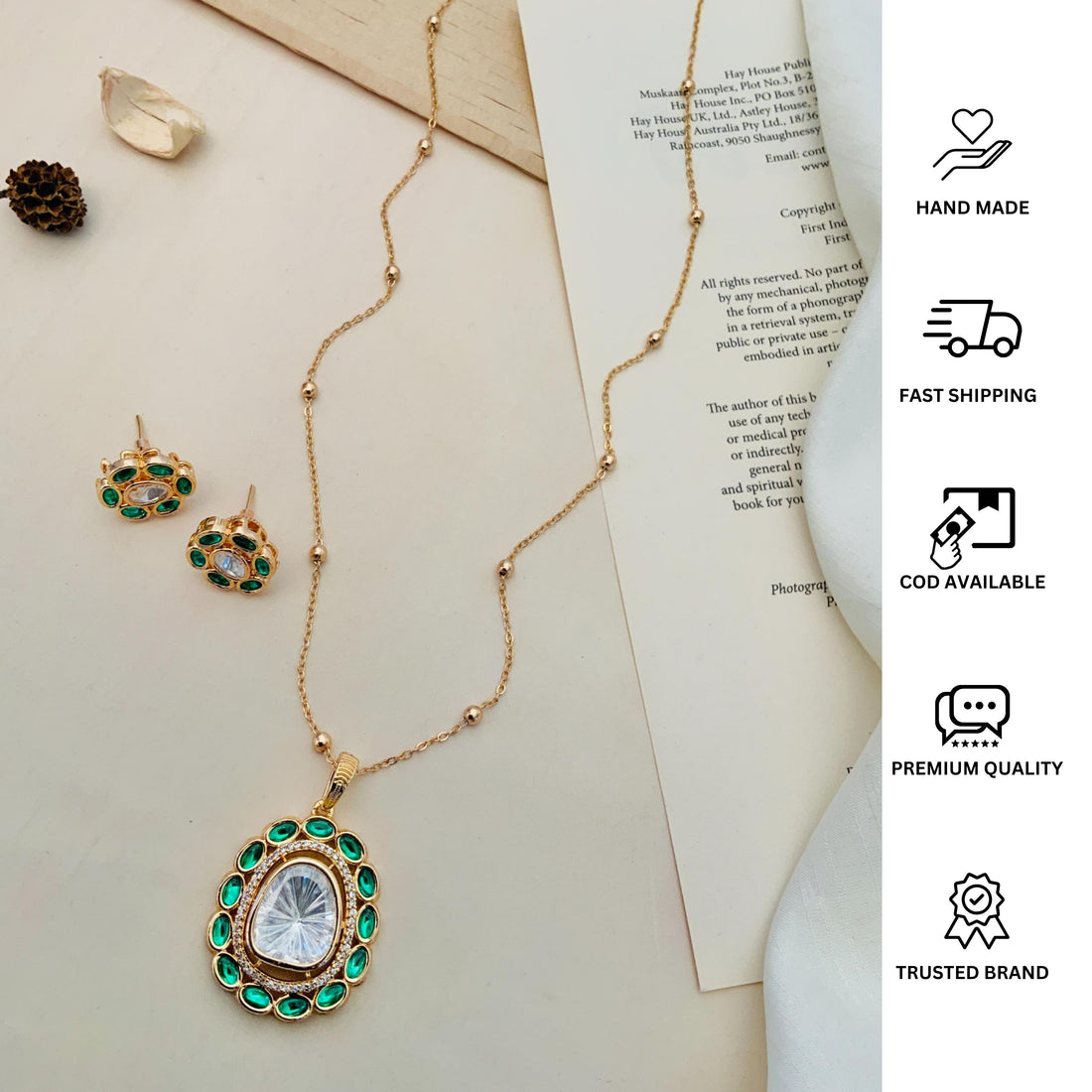 Gold Plated Navratna Pendant Chain Combo with pink gemstone accents and matching earrings by Abdesignsjewellery