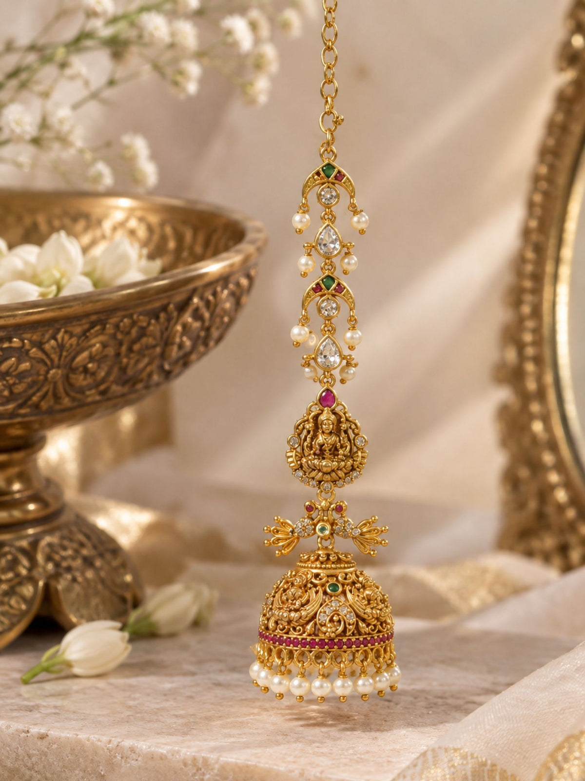 Traditional Lakshmi Temple Kaan Chain Jhumka Earrings