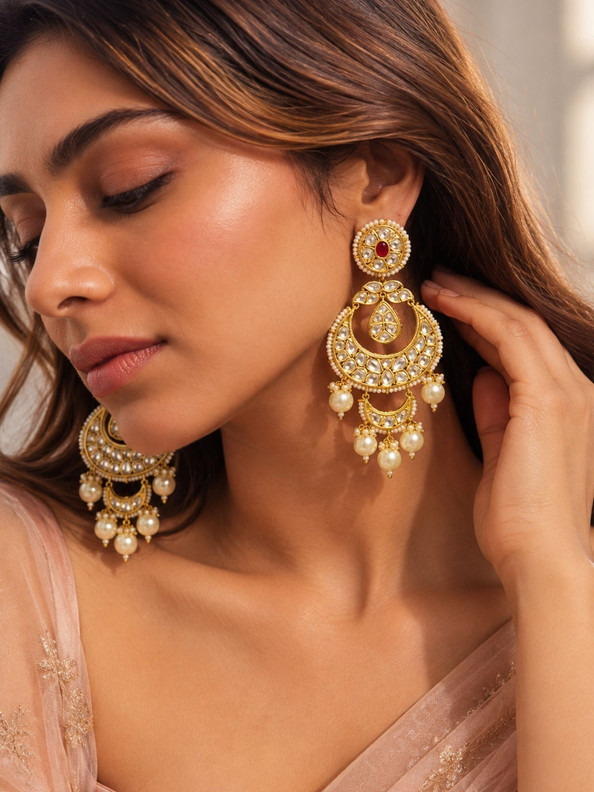 Kundan Polki Pearl Chandbali Earrings Gold Plated | Abdesigns