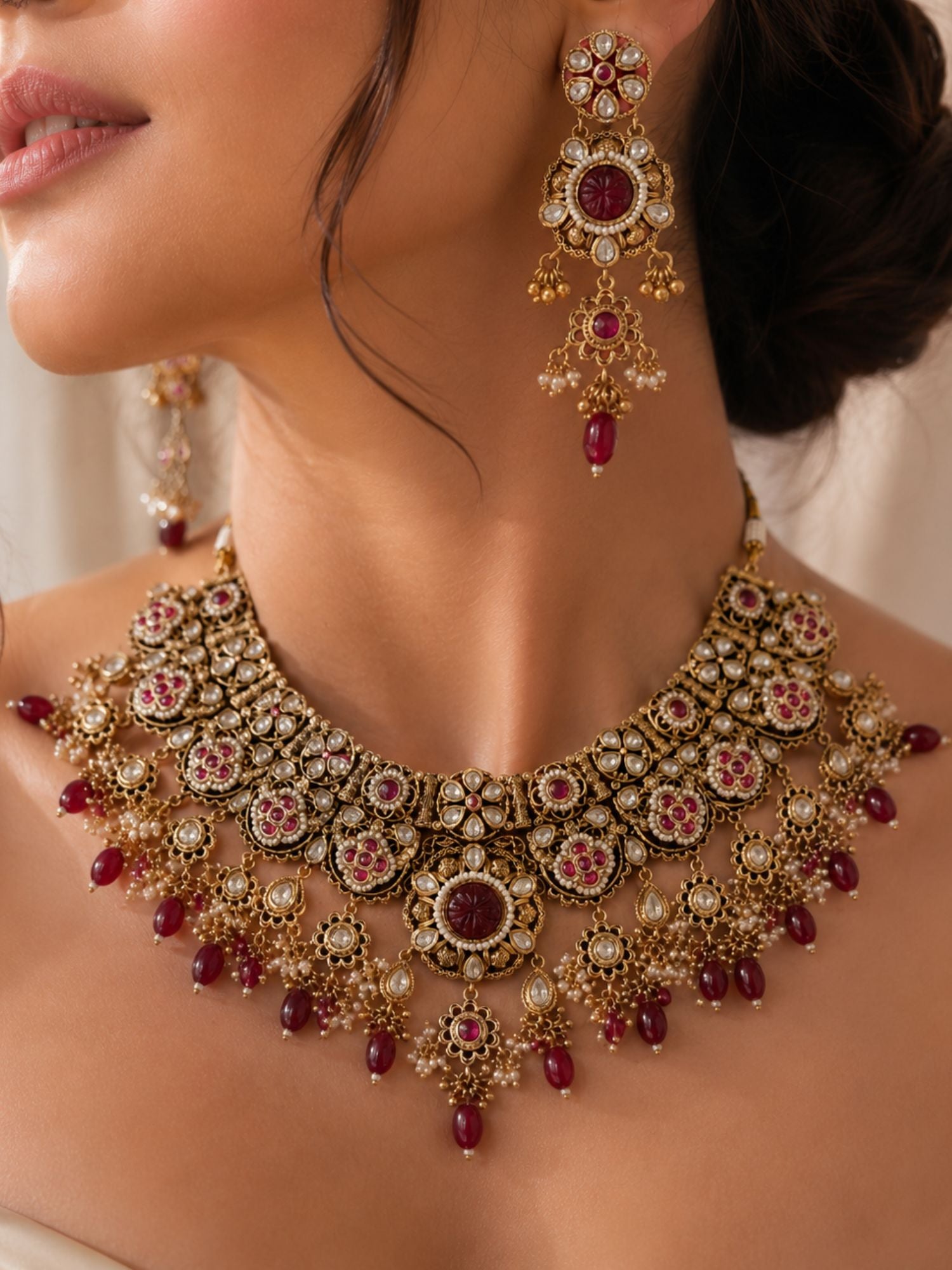 Antique Gold Plating Bridal Ruby Kundan Choker Necklace Set | Abdesigns
