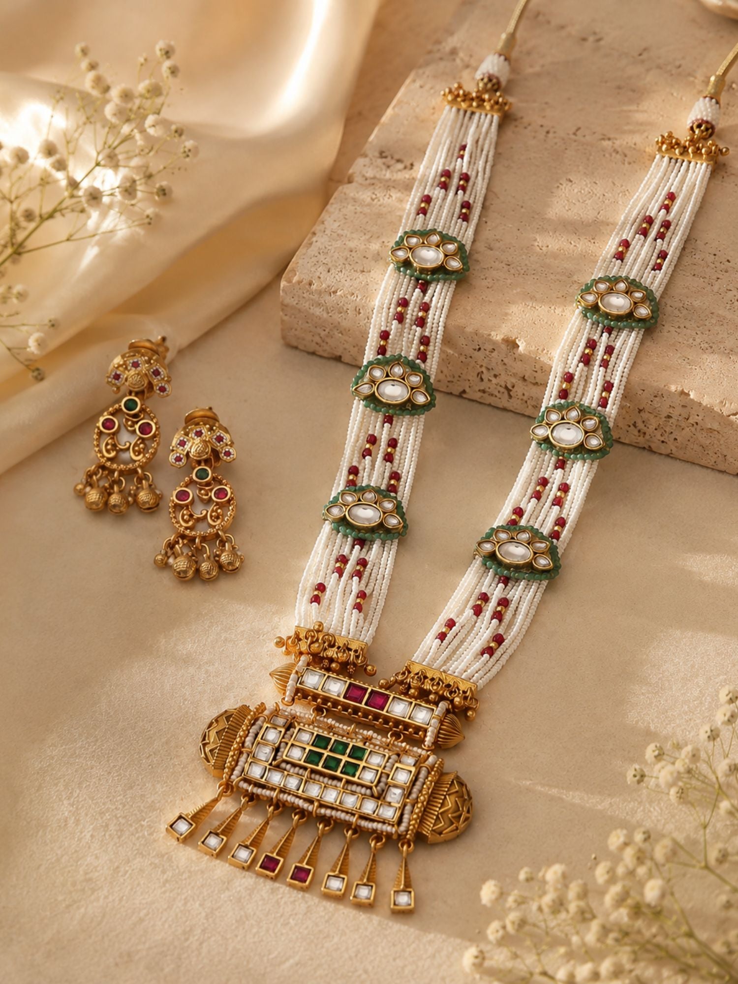 Antique Gold Plated Multicolor Kundan Pearl Layered Mala Necklace Set with Earrings