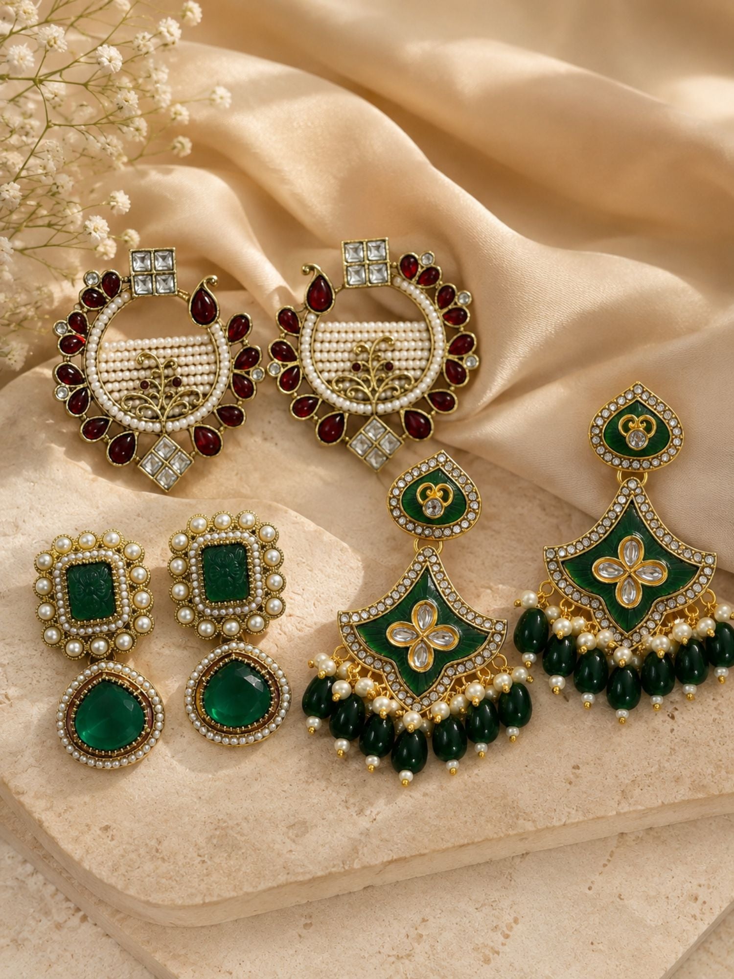 Set of 3 Gold Plated Kundan Pearl Festive Earrings for Women