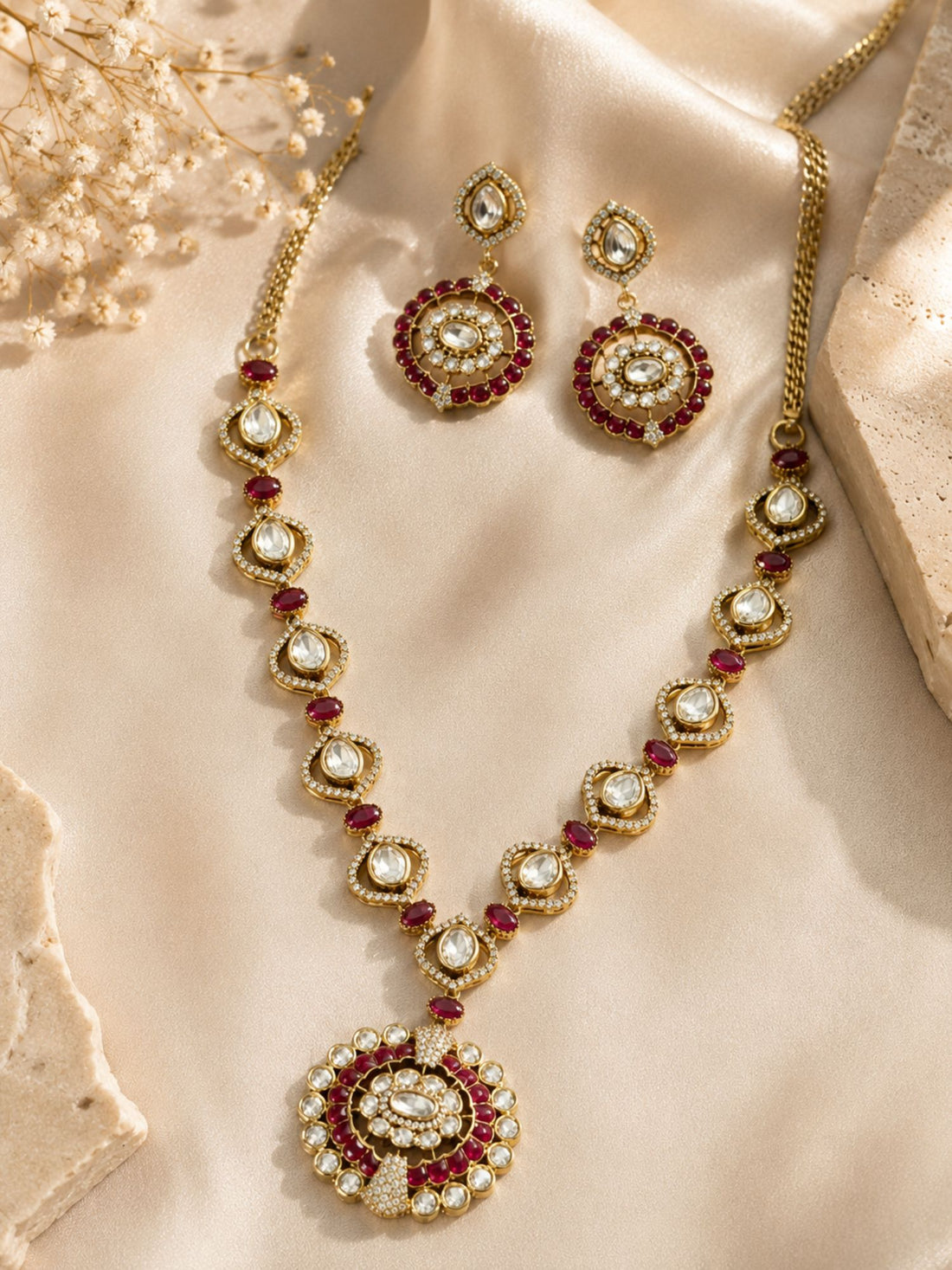 Ruby Kundan Pendant Necklace Set in Gold Plating | Abdesigns