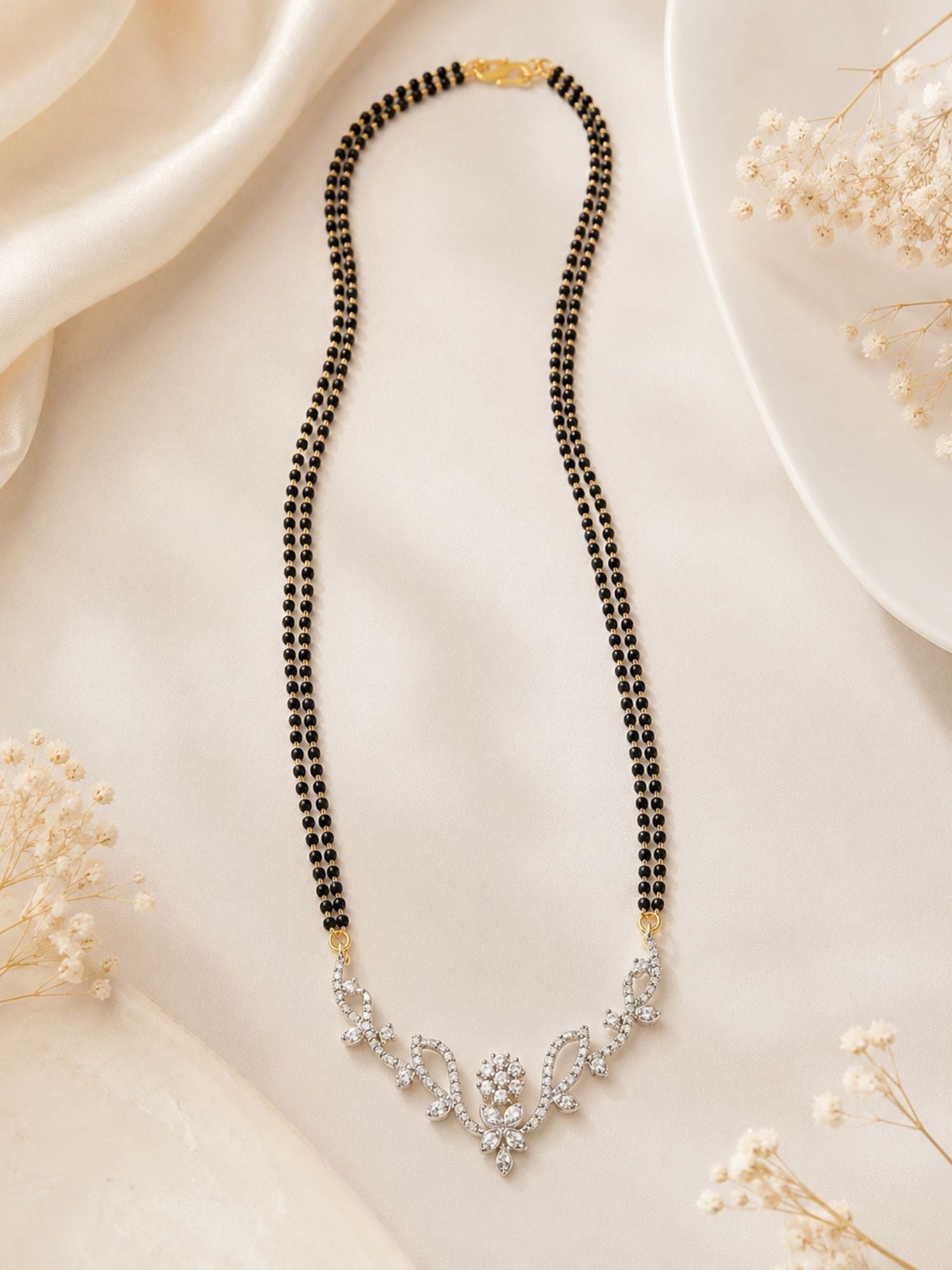 Alice Christy Gold Plated CZ Floral Mangalsutra with Double Black Beads Chain