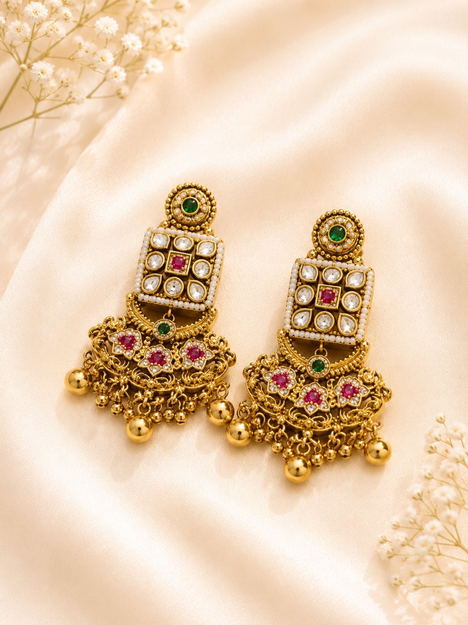 Gold Multicolour Ruby Green Stones Kundan Long Necklace Set  | Abdesigns