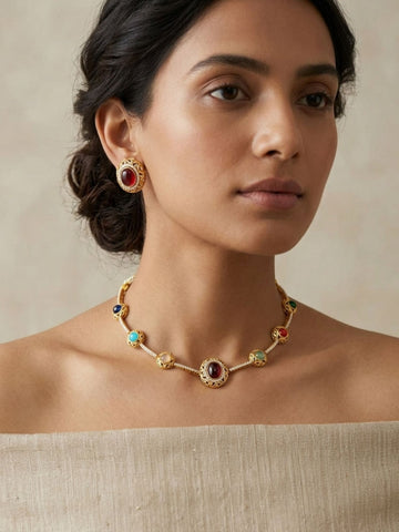 Antique gold plated Kundan Polki necklace set with earrings by Abdesigns - view 1