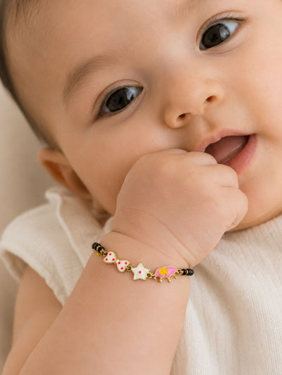 925 Sterling Silver Gold Plated Kids Black Bead Bracelet with Enamel Charms