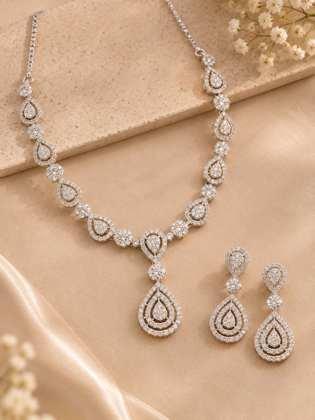 Silver Plated AD Stone Teardrop Necklace Set with Earrings for Women