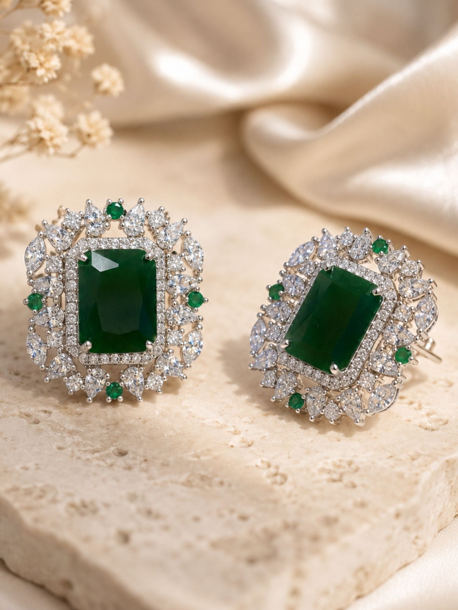 Silver Plated Emerald Green & Ruby Red Designer Earrings Combo