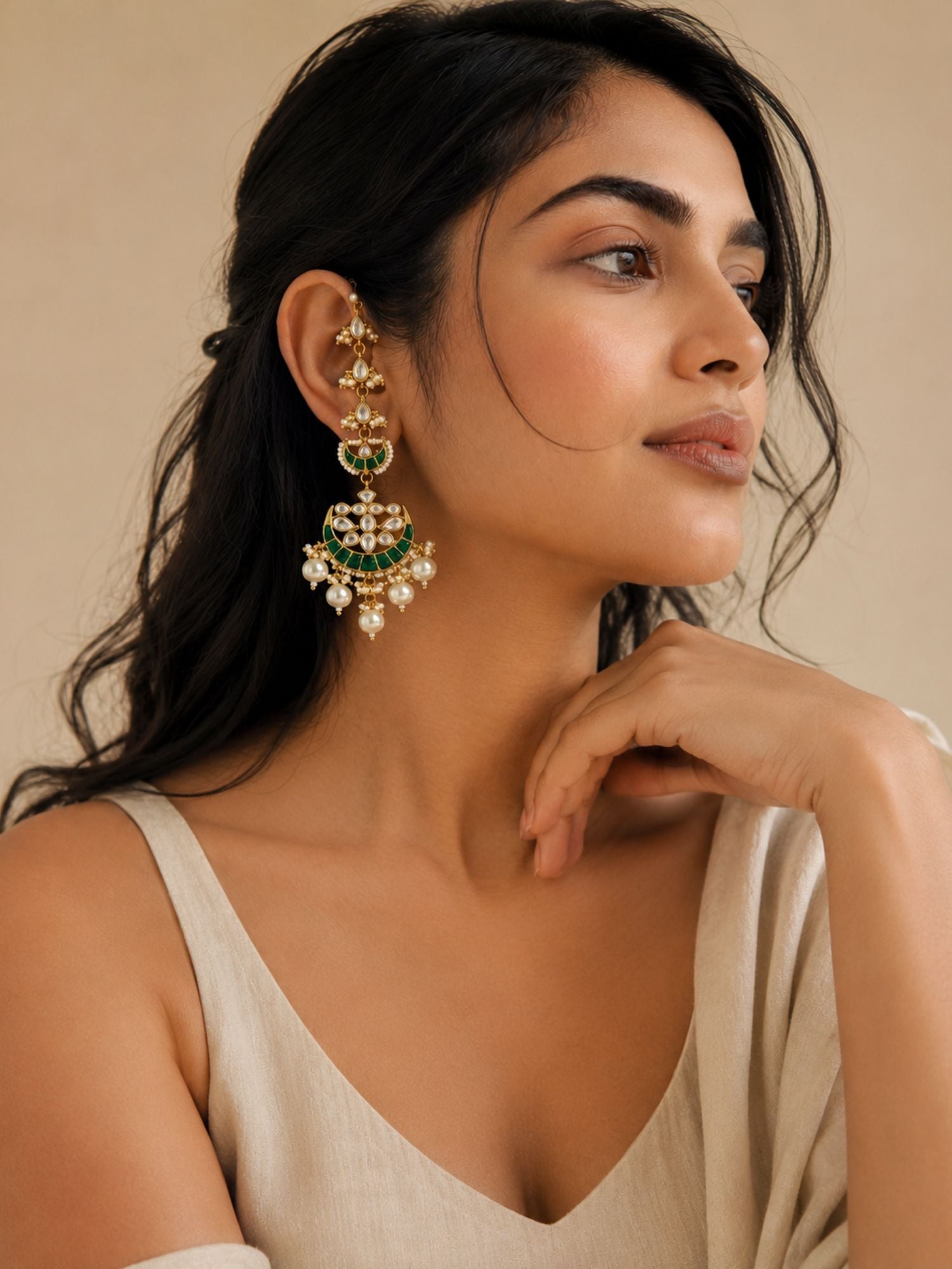 Abdesigns Pachi Kundan Ear Cuff Chandbali Earrings with Pearl Drops