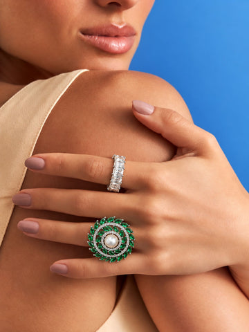 Set of 2 Silver Plated AD Stone Green Pearl Statement Rings for Women