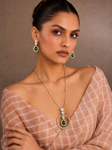Gold Plated Kundan Green Stone Circular Pendant Necklace Set with Earrings for Women