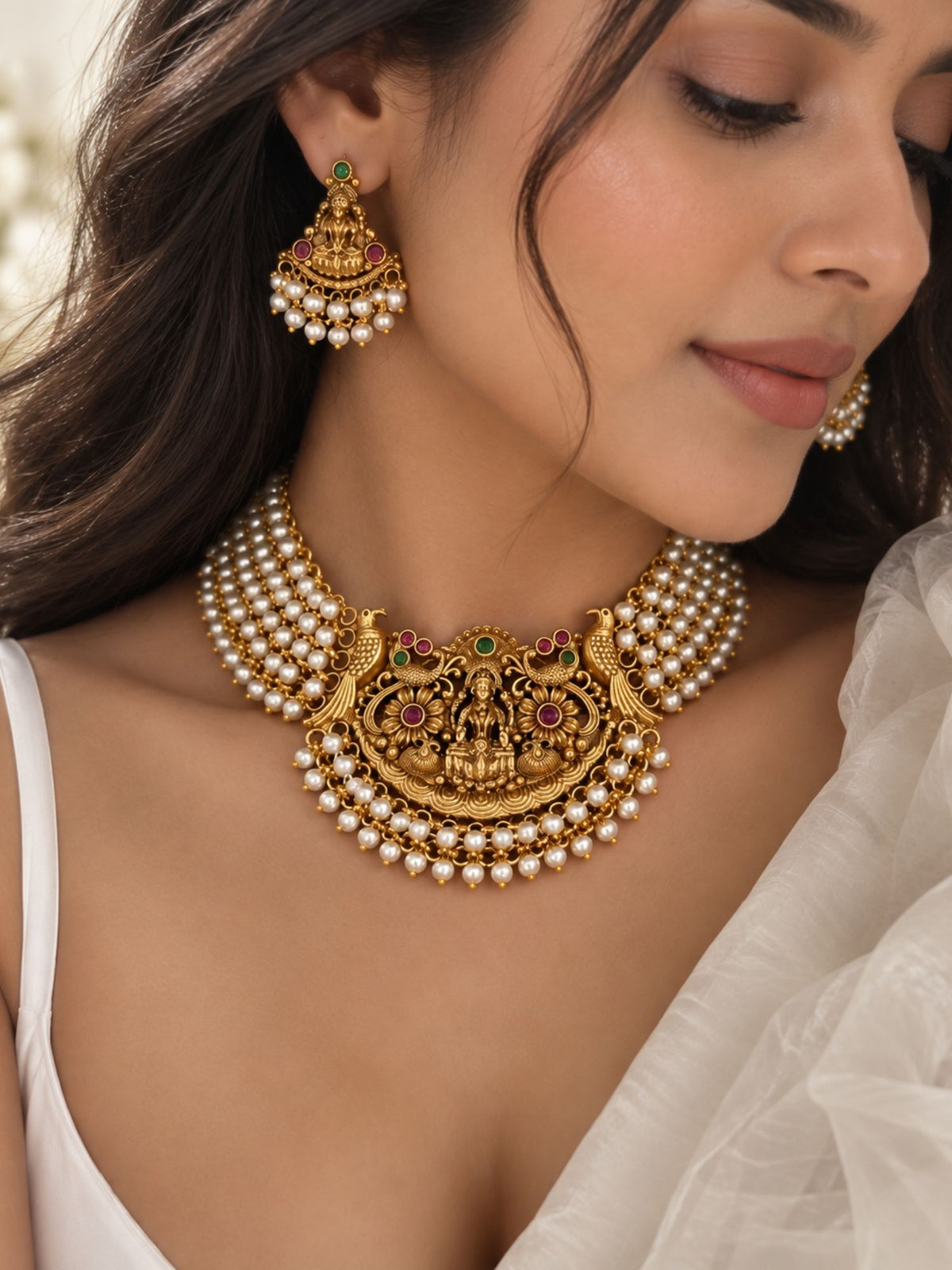Gold Plated Temple Lakshmi Pearl Necklace Set with Earrings
