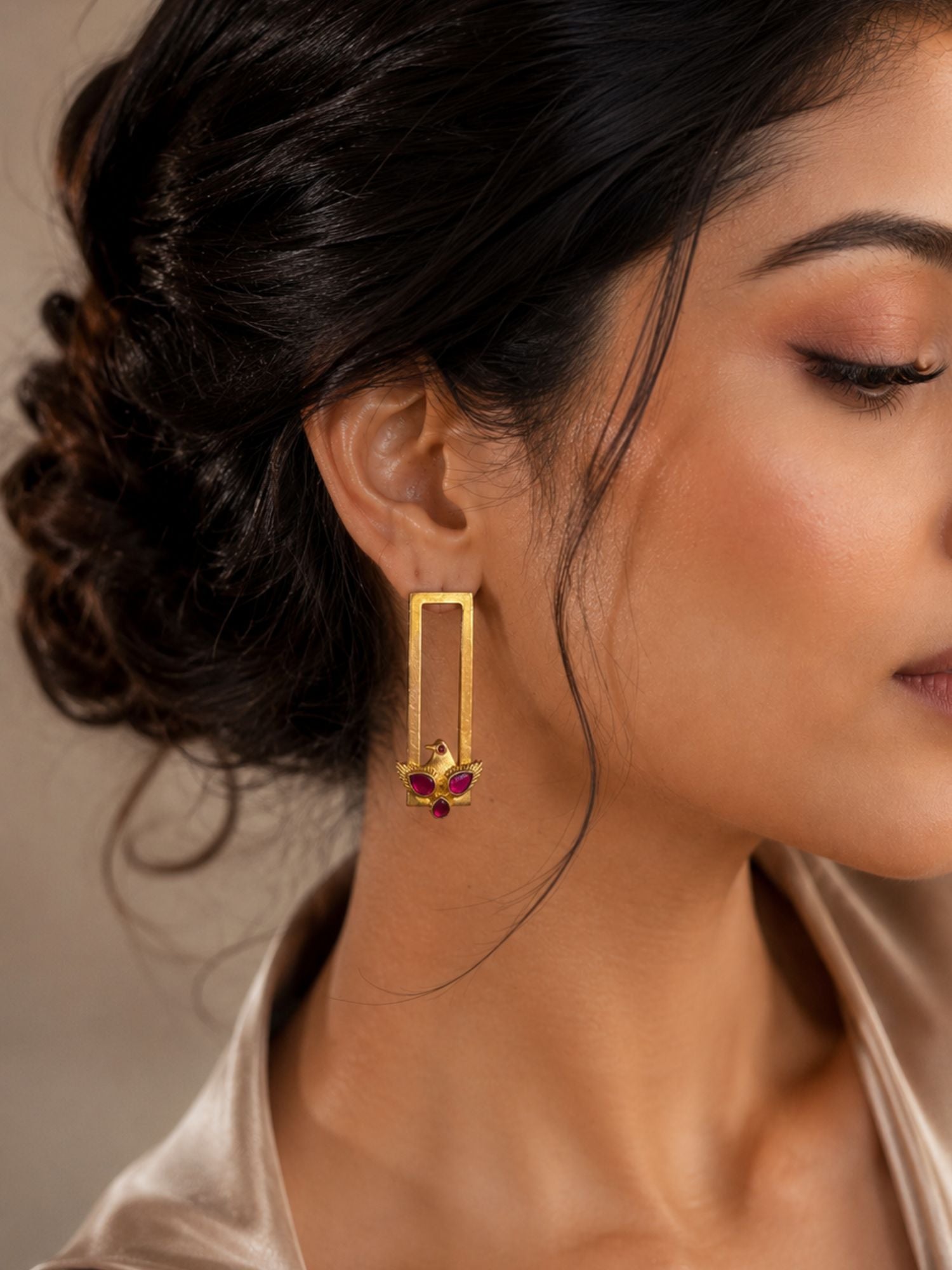 Pink Kemp Bird Motif Earrings in Gold Plating Festive Wear | Abdesigns