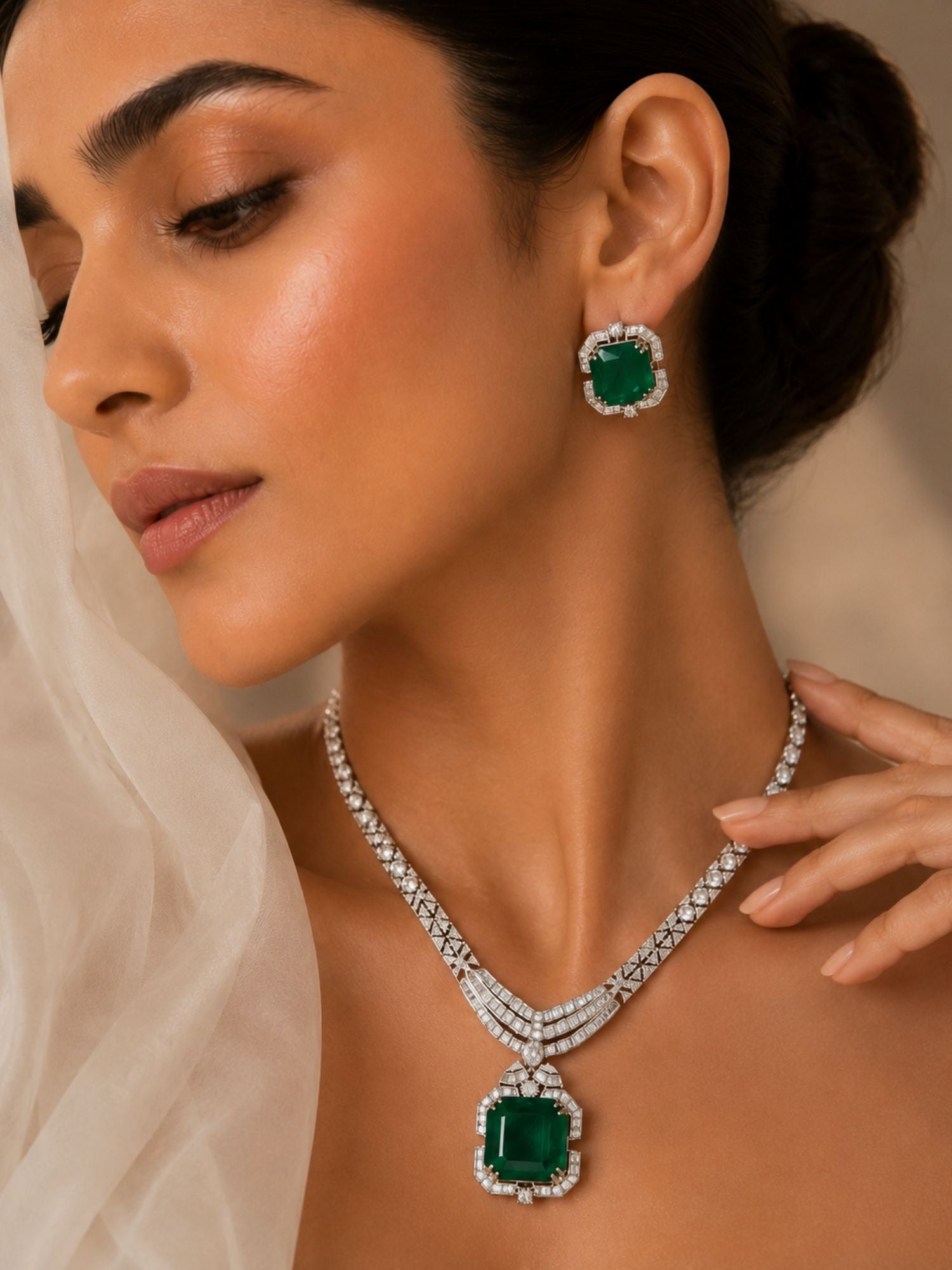 Emerald Green CZ Necklace Set in Silver Plating – Party | Abdesigns