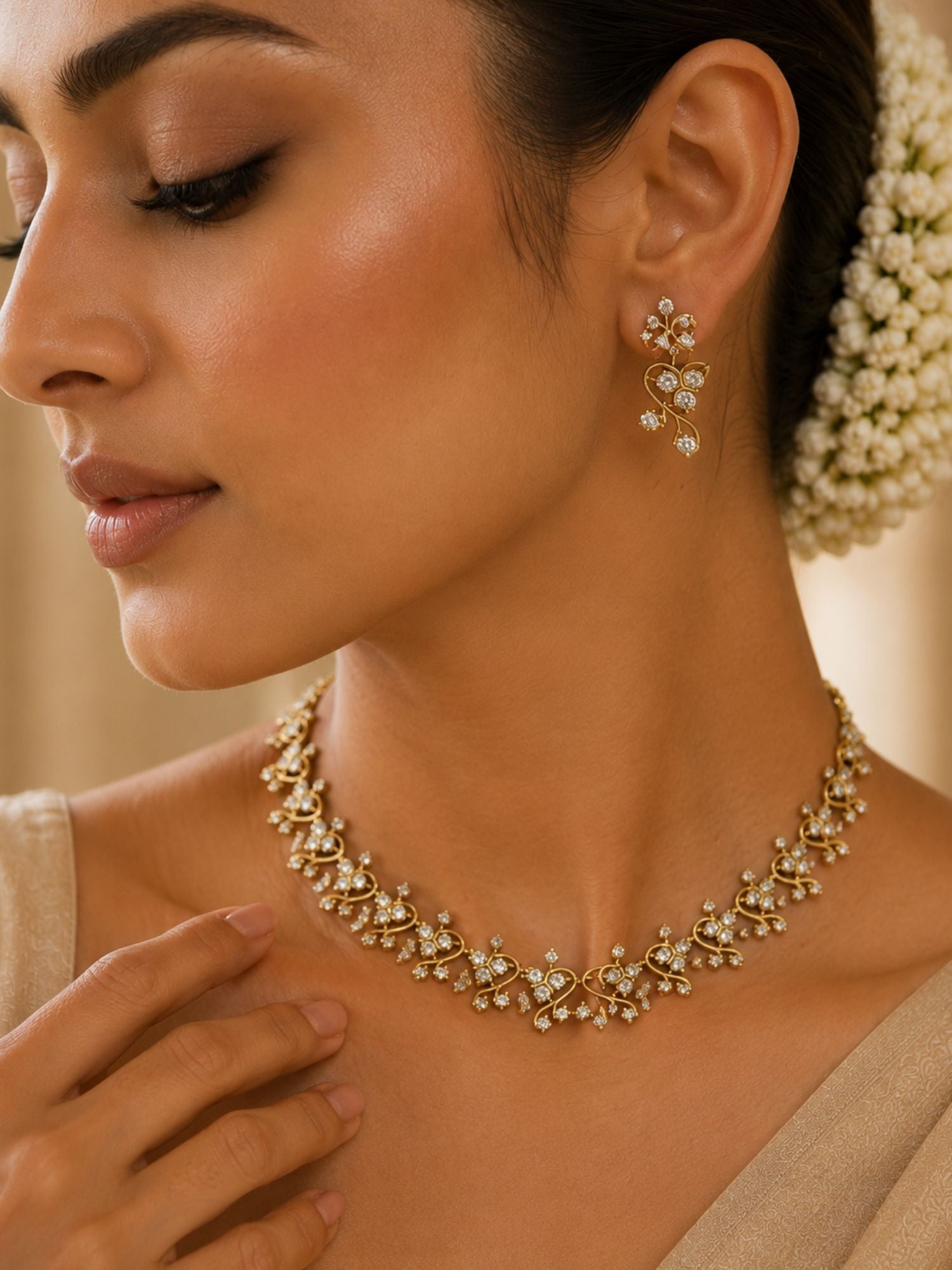 Gold Plating Solitaire American Diamond Necklace Set | Abdesigns