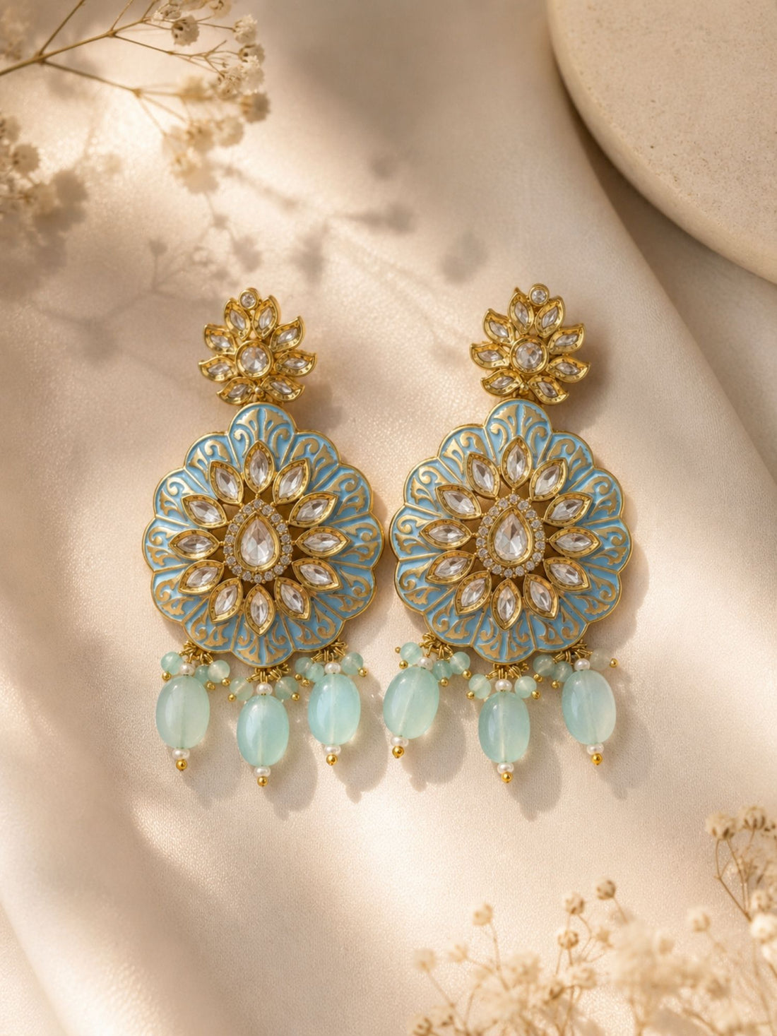 Sky Blue Kundan Statement Earrings in Gold Finish – Festive Wear | Abdesigns Jewellery