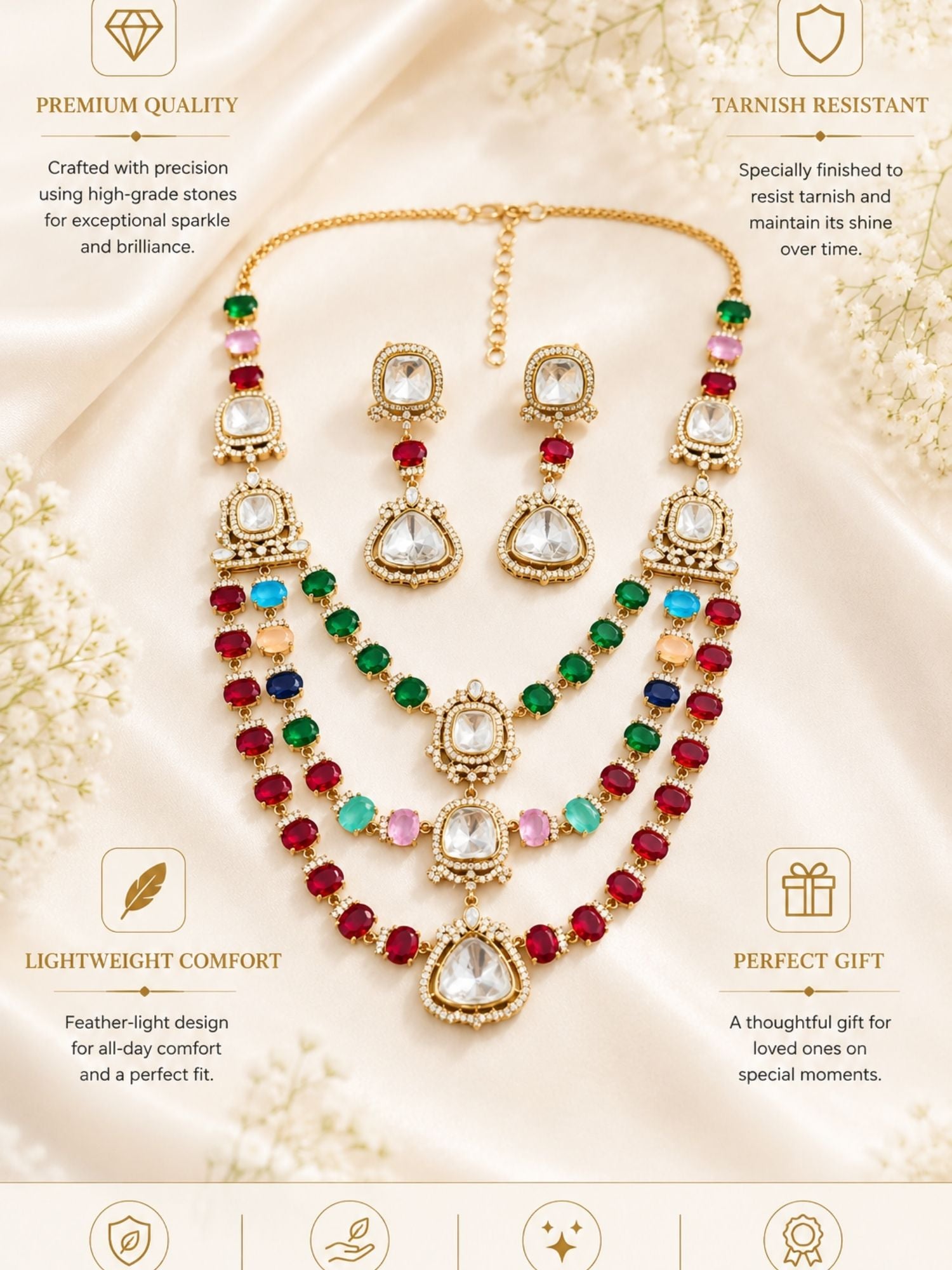 Bridal Polki Layered Necklace Set in Oxidsed Mehndi Plating  | Abdesigns Jewellery