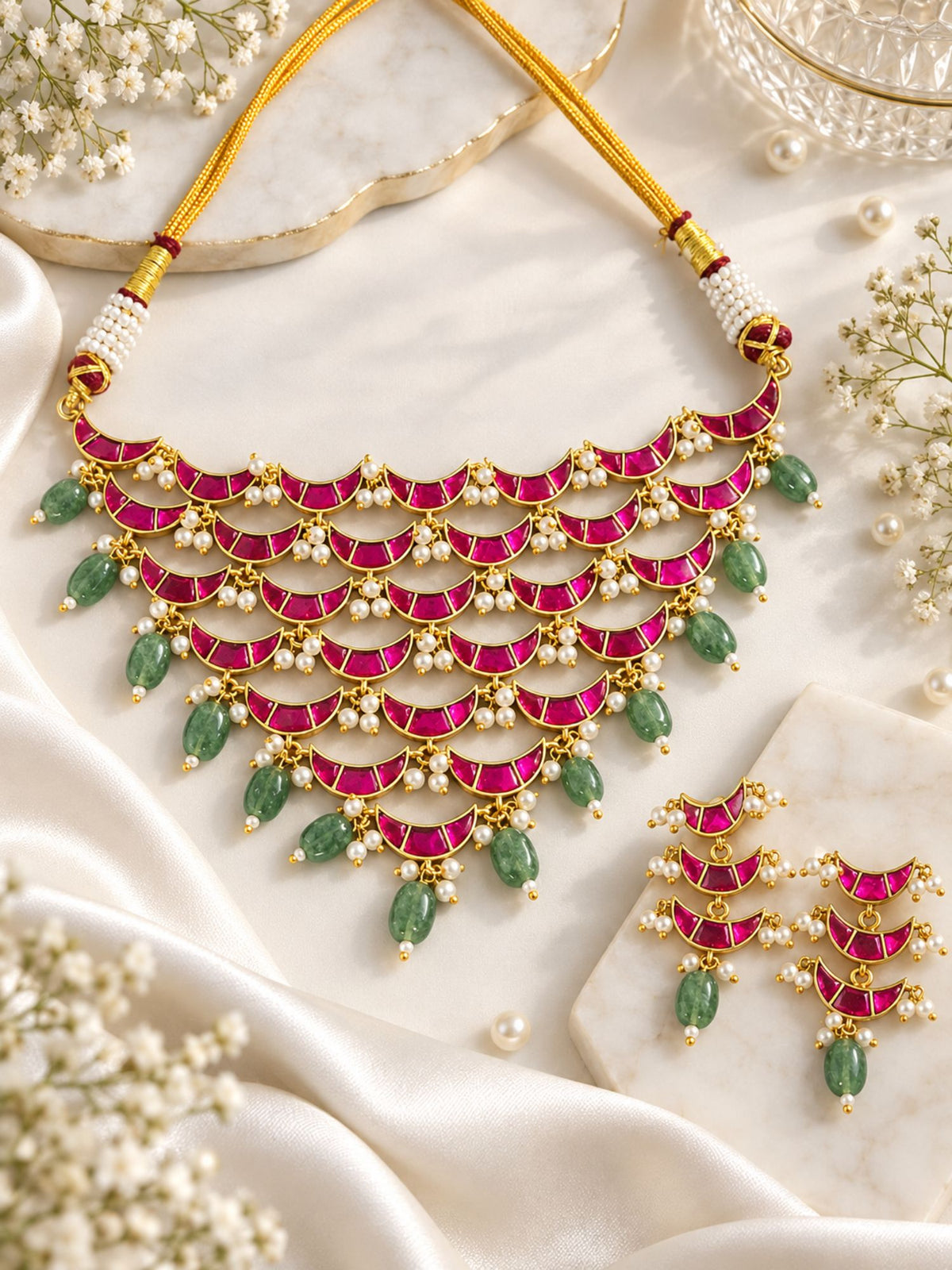 Red Kundan Crescent Green Bead Necklace Set Gold Plated | Abdesigns