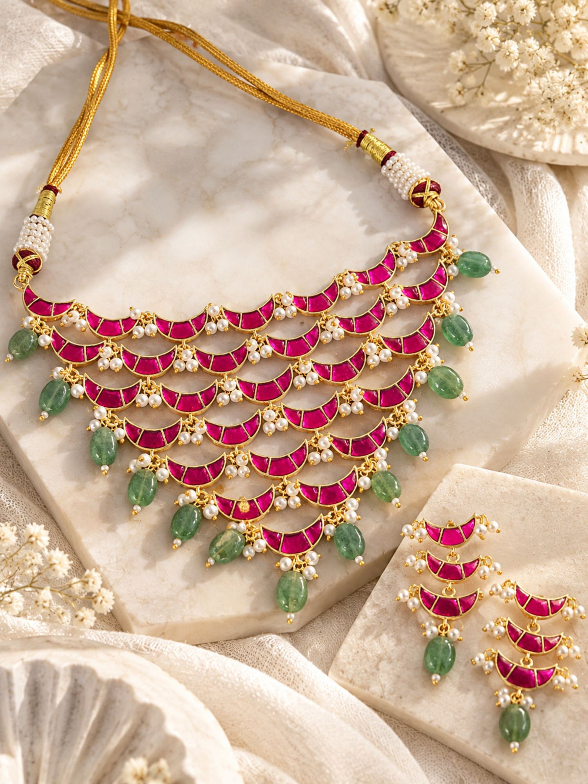 Red Kundan Crescent Green Bead Necklace Set Gold Plated | Abdesigns