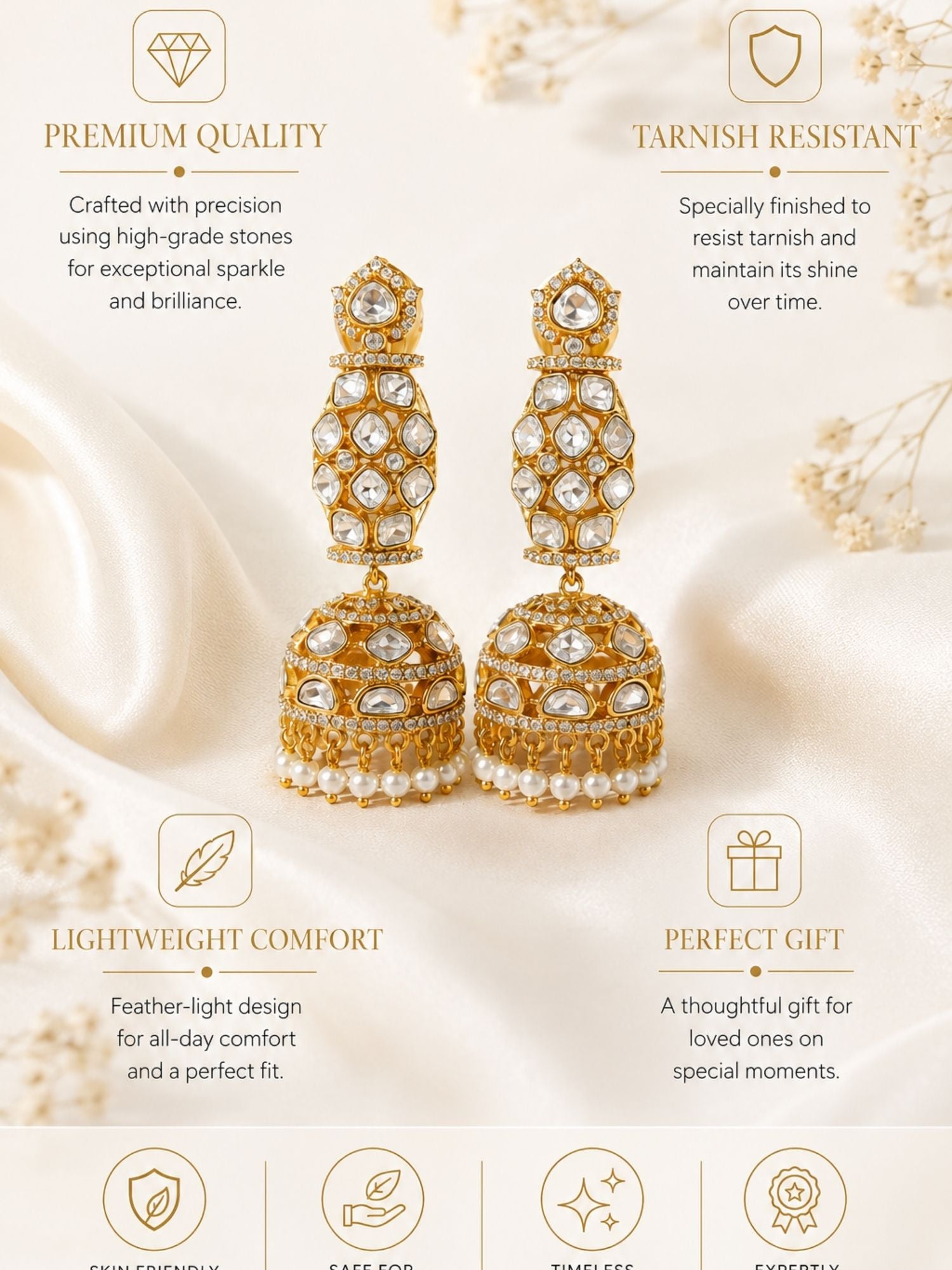 Kundan Jhumka Bridal Earrings in Gold Plating | Abdesigns