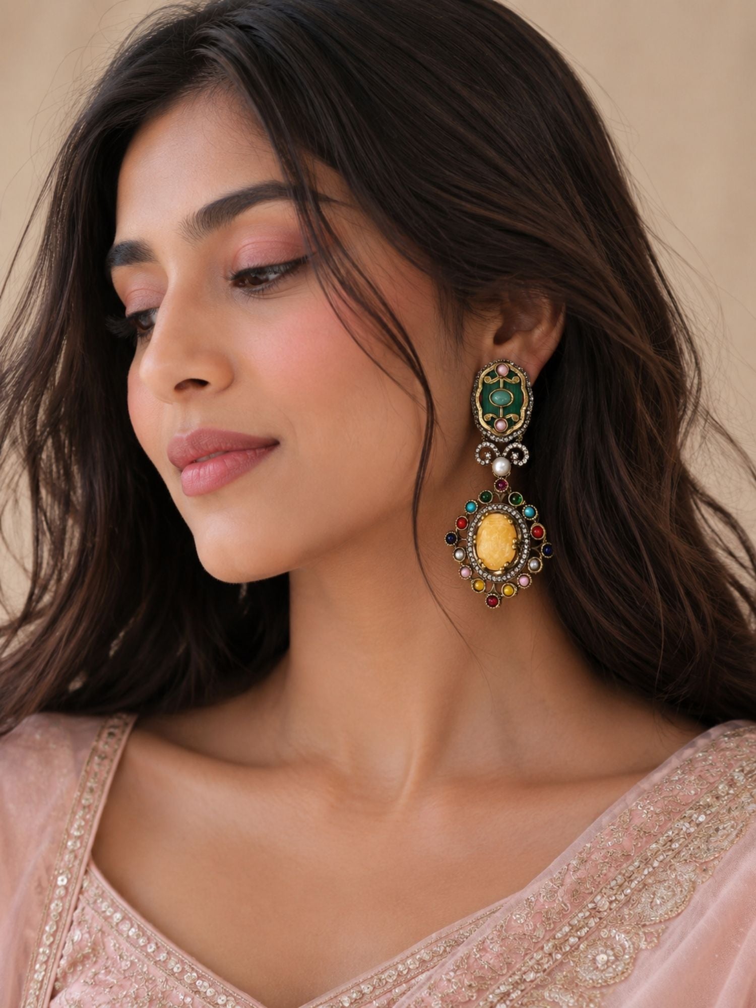Victorian Oxidsed Gold Drop Earrings in Multicolor Stones – Festive | Abdesigns
