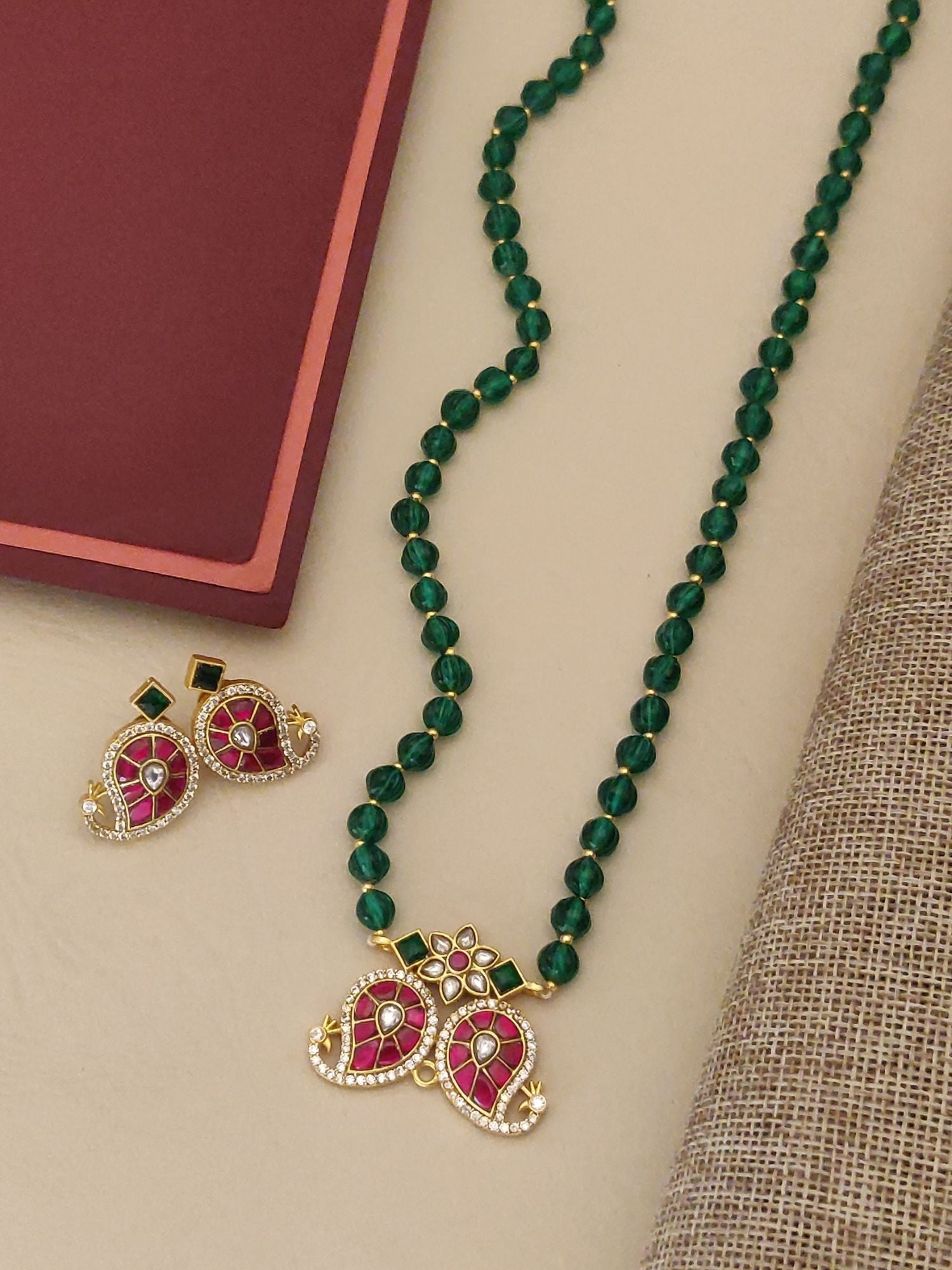 Abdesigns Green Beads Gold Plated Pendant Set