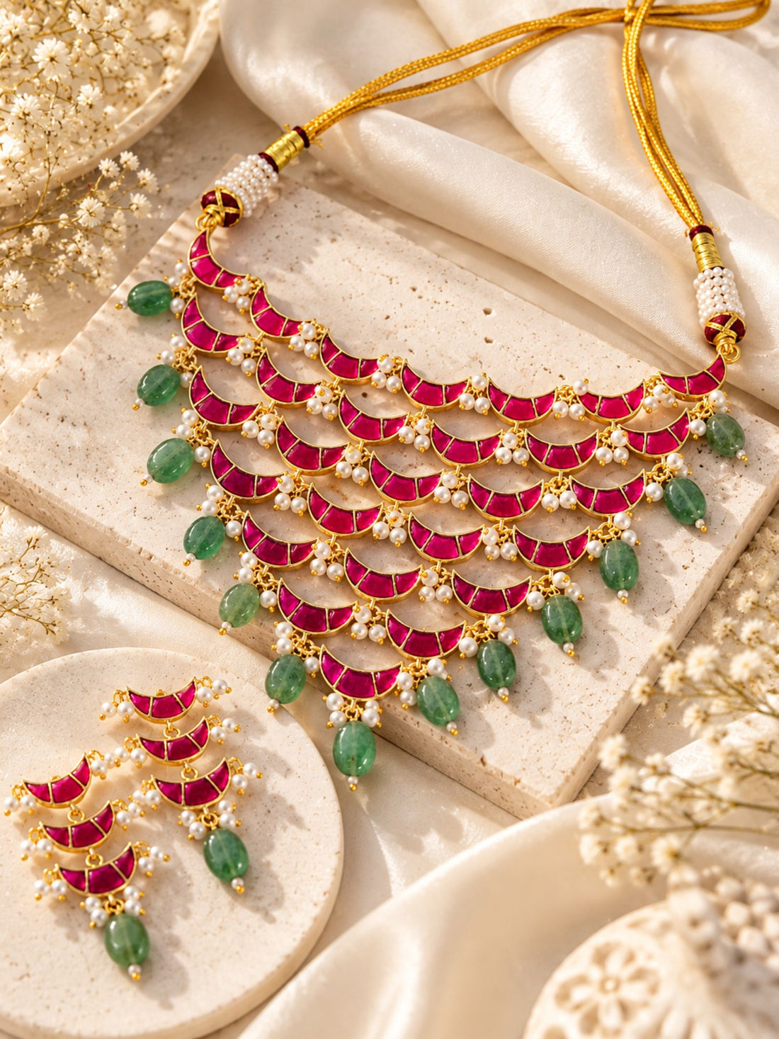 Red Kundan Crescent Green Bead Necklace Set Gold Plated | Abdesigns