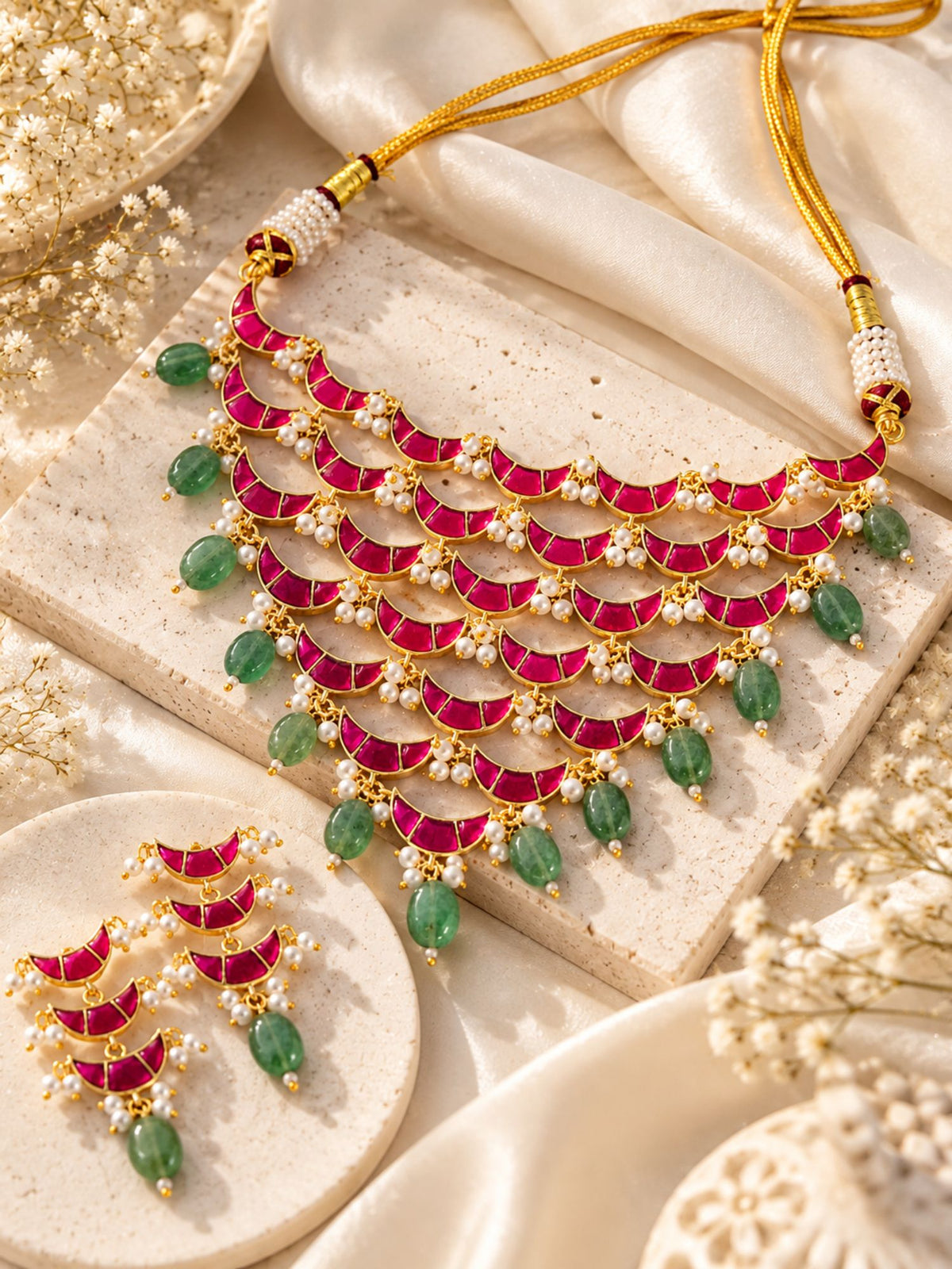 Red Kundan Crescent Green Bead Necklace Set Gold Plated | Abdesigns