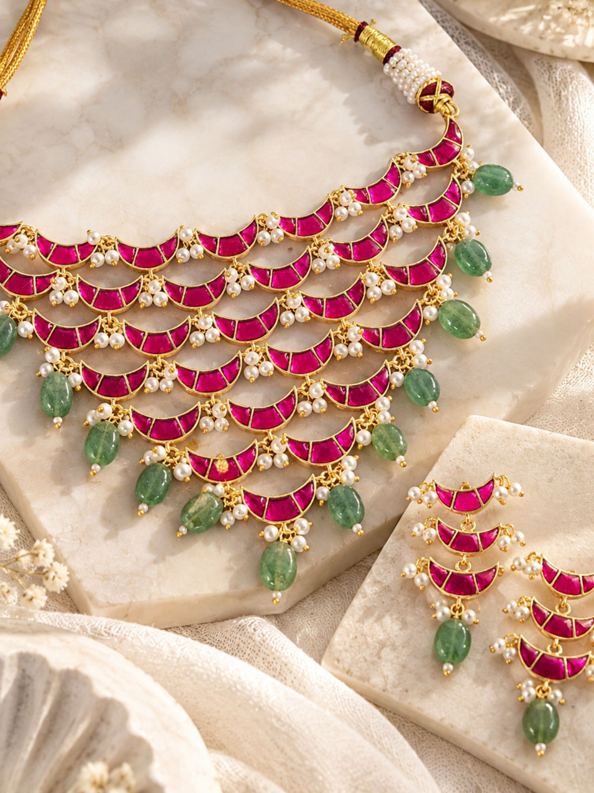Red Kundan Crescent Green Bead Necklace Set Gold Plated | Abdesigns