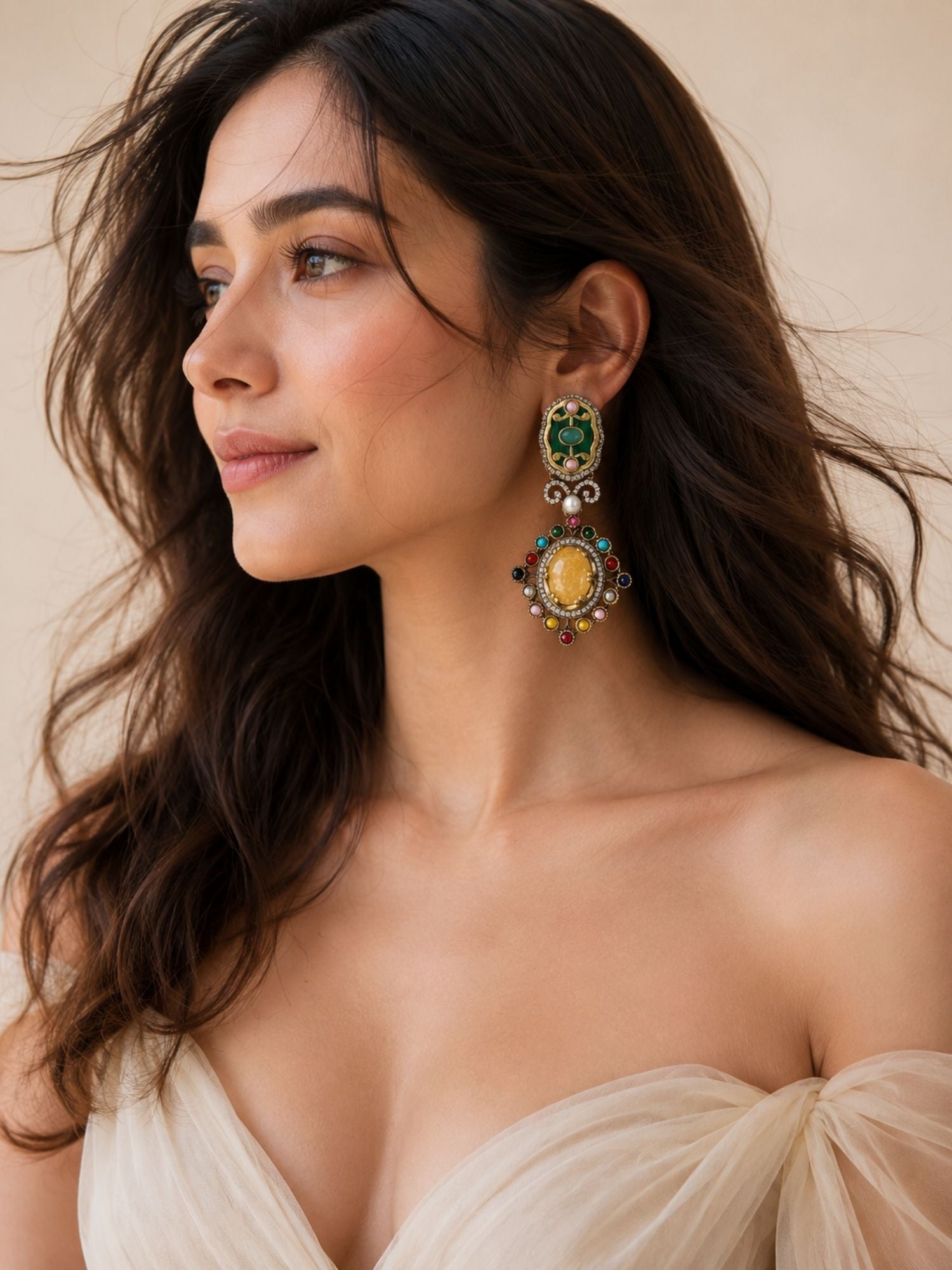 Victorian Oxidsed Gold Drop Earrings in Multicolor Stones – Festive | Abdesigns
