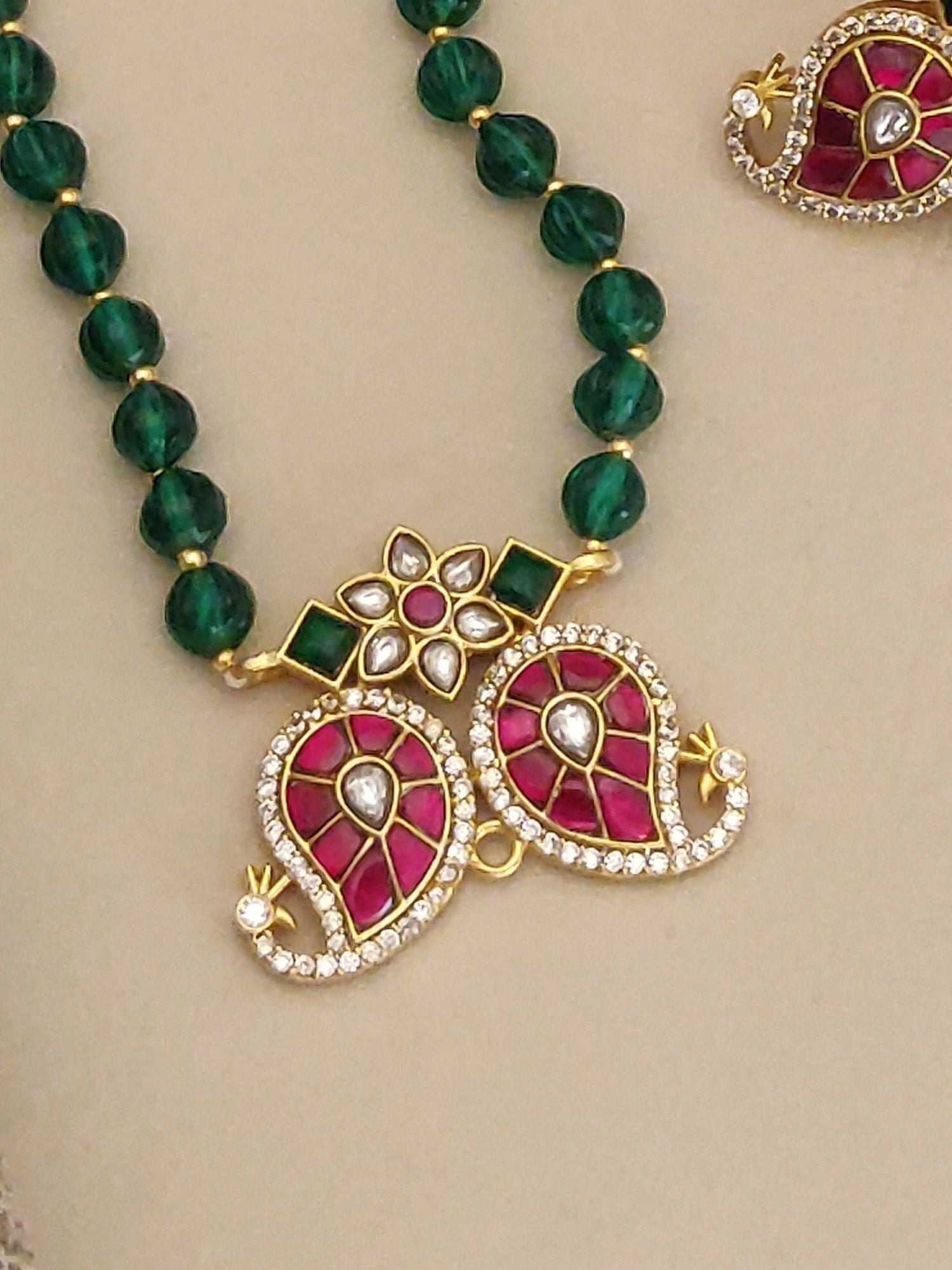 Abdesigns Green Beads Gold Plated Pendant Set