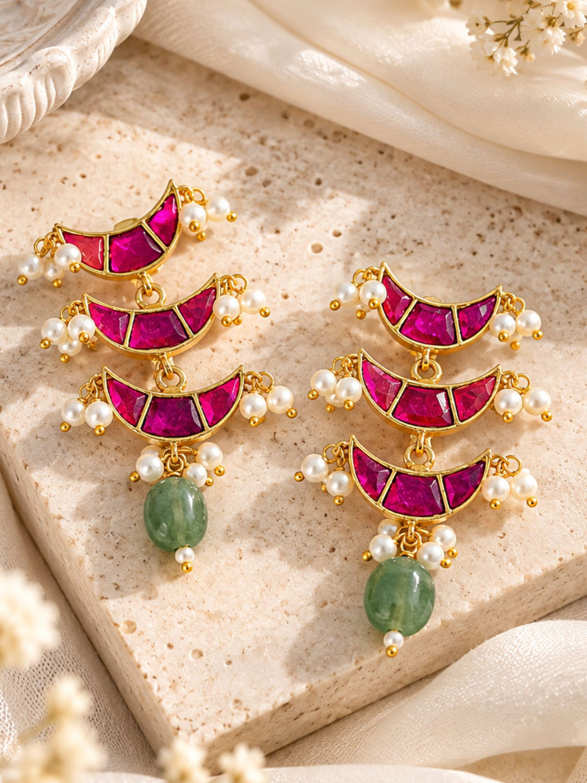 Red Kundan Crescent Green Bead Necklace Set Gold Plated | Abdesigns