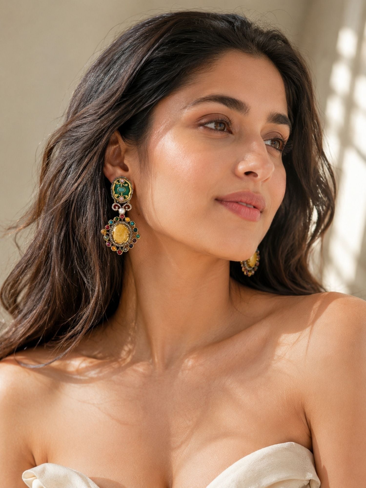 Victorian Oxidsed Gold Drop Earrings in Multicolor Stones – Festive | Abdesigns