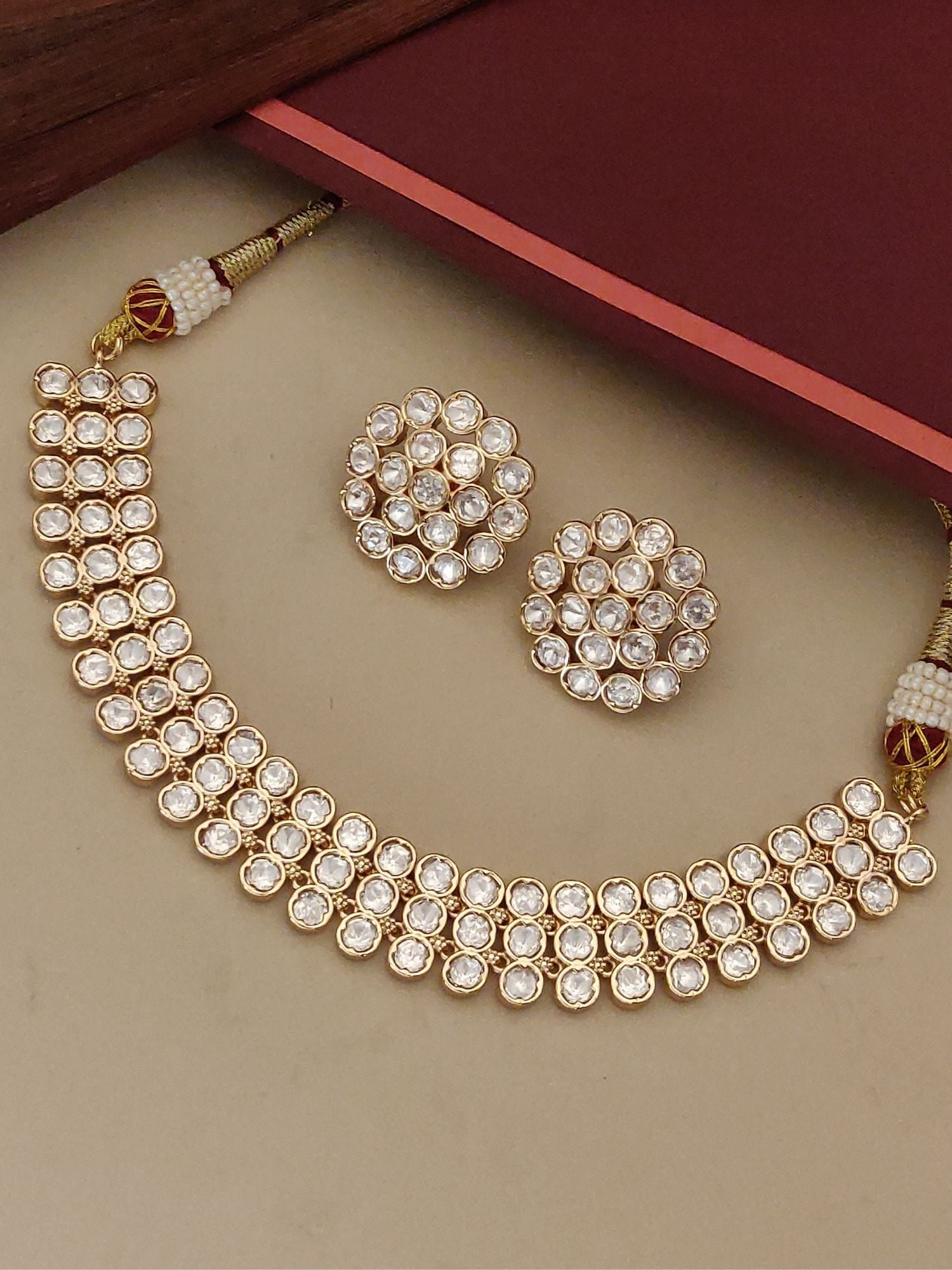 Abdesigns Gold Plated Polki Flower Necklace Set