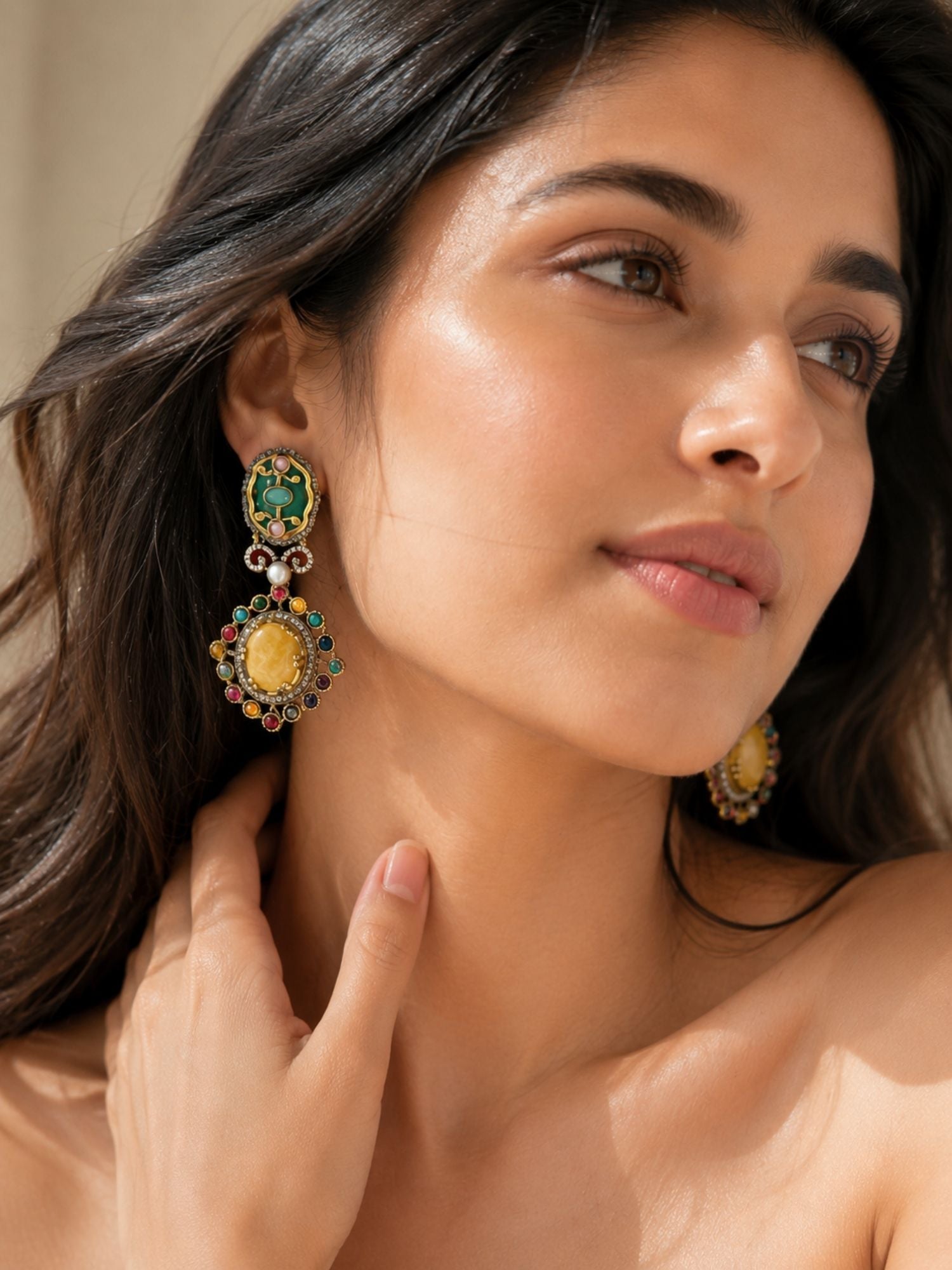 Victorian Oxidsed Gold Drop Earrings in Multicolor Stones – Festive | Abdesigns