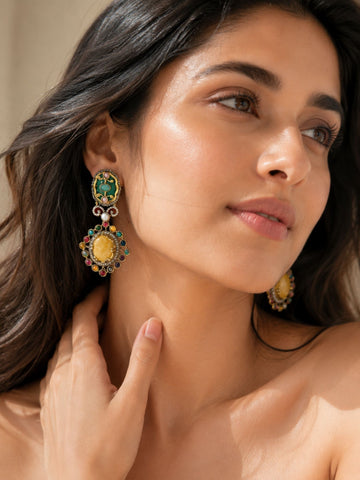 Victorian Oxidsed Gold Drop Earrings in Multicolor Stones – Festive | Abdesigns
