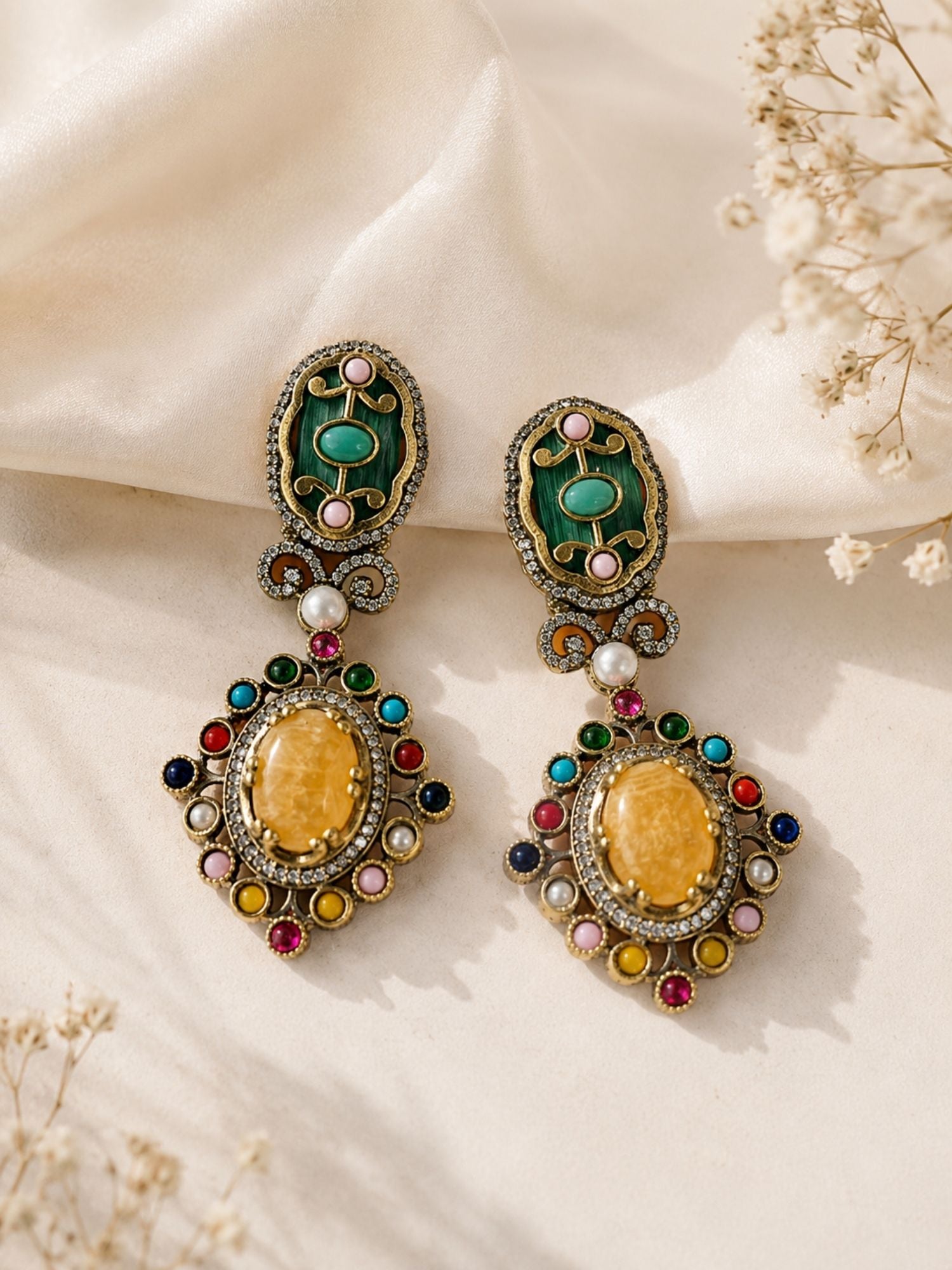 Victorian Oxidsed Gold Drop Earrings in Multicolor Stones – Festive | Abdesigns