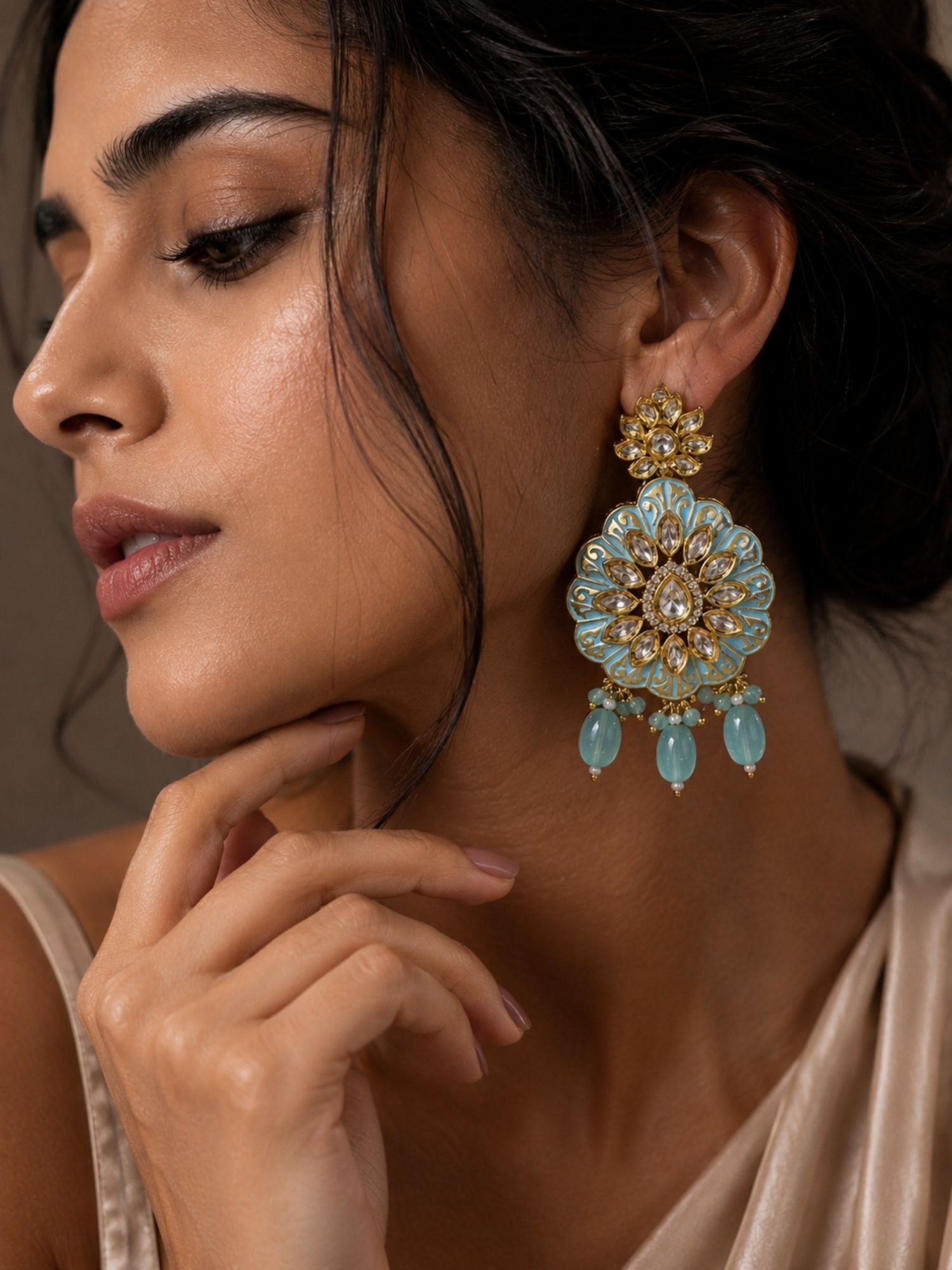 Sky Blue Kundan Statement Earrings in Gold Finish – Festive Wear | Abdesigns Jewellery