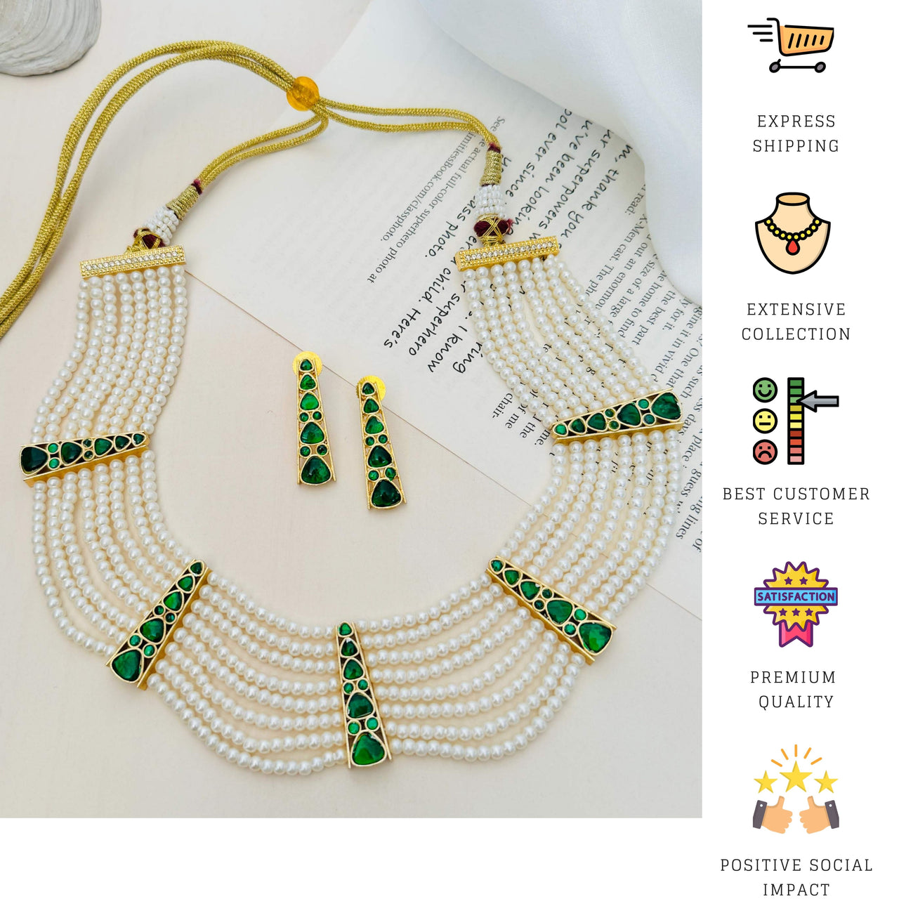 Traditional Emerald Green Gold Polki Pearl Choker Necklace Set