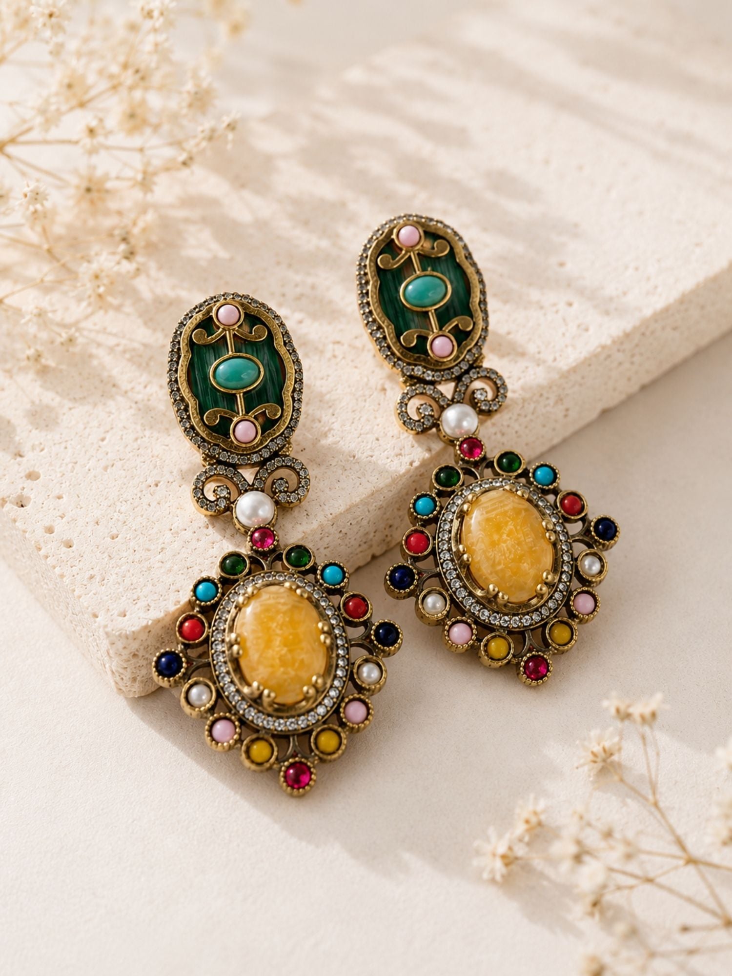 Victorian Oxidsed Gold Drop Earrings in Multicolor Stones – Festive | Abdesigns